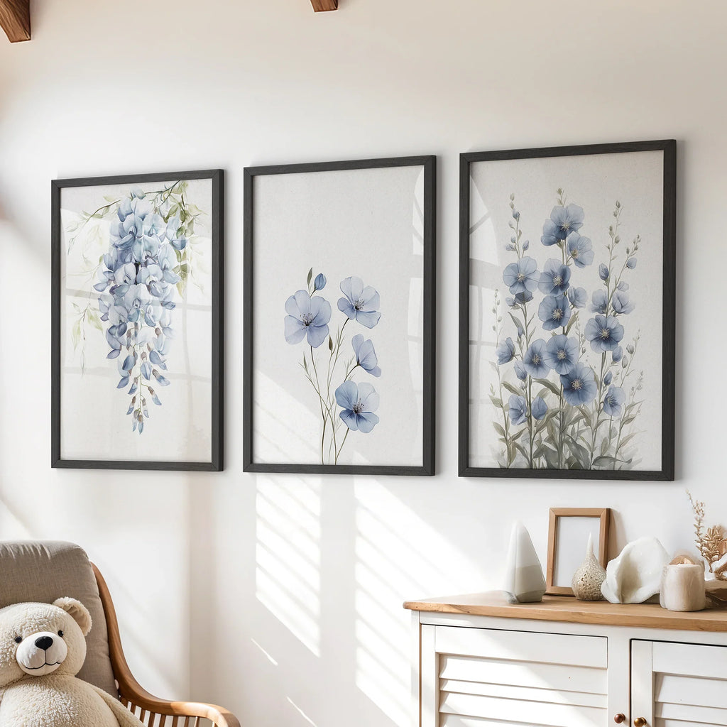Blue Floral Watercolor Art Set of 3. Elegant Prints