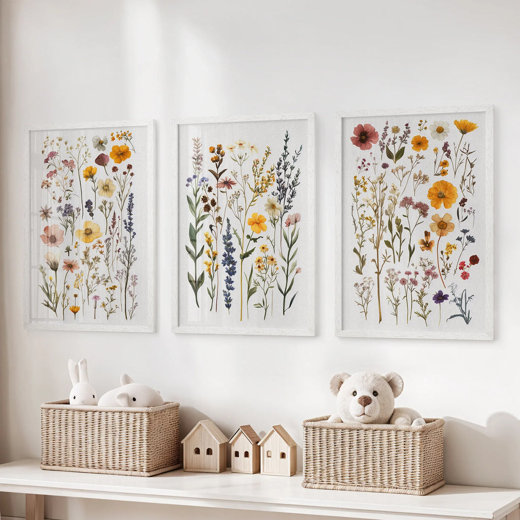 Boho Floral 3 Piece Wall Art. Pressed Flowers Print Set
