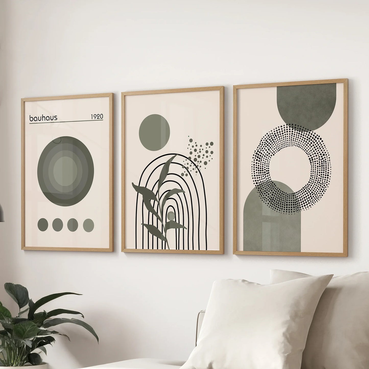 Boho Green Poster Set of 3. Bauhaus and Mid Century Abstract Prints