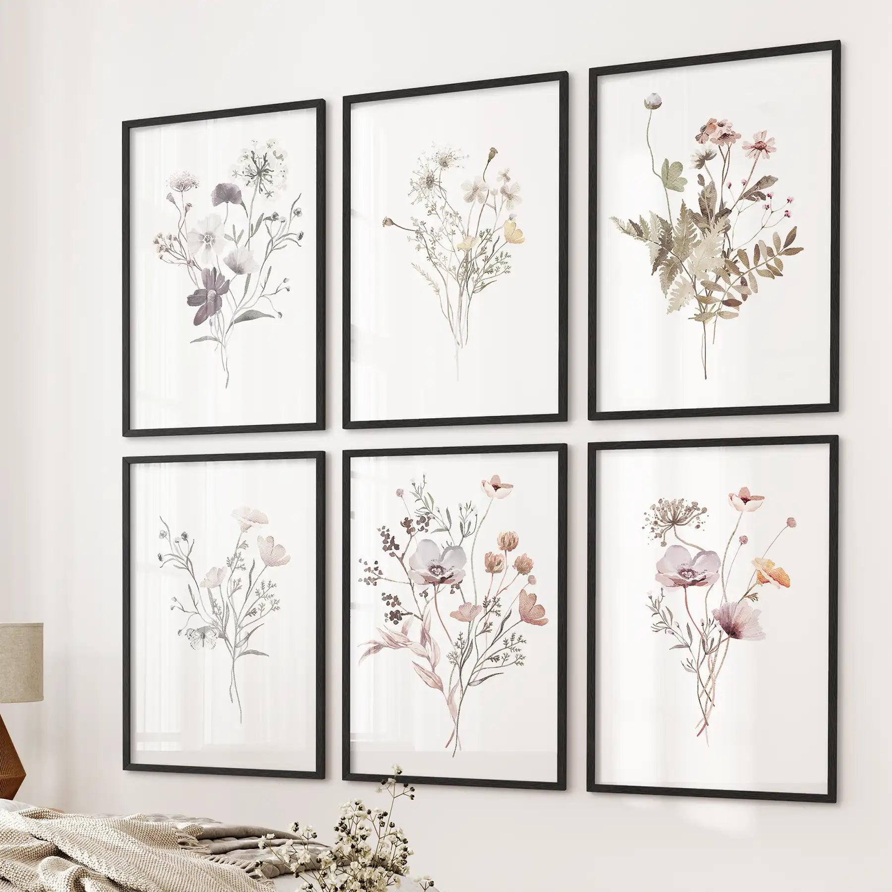Floral Watercolor Prints. Set of 6 Botanical Wall Art for Bedroom or Living Room