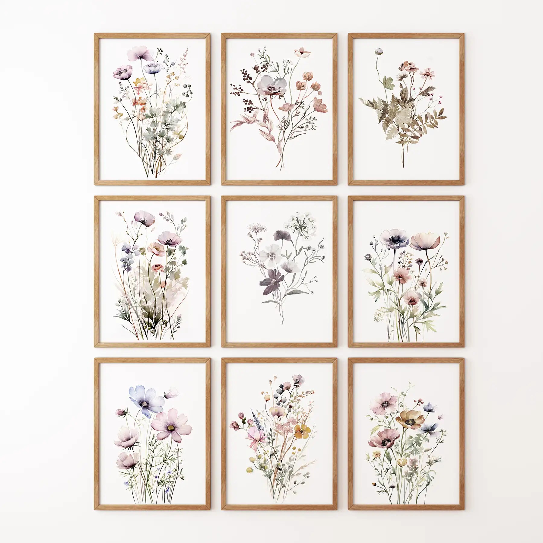 Soft Botanical Watercolor Set of 9 Prints. Wildflower Wall Art