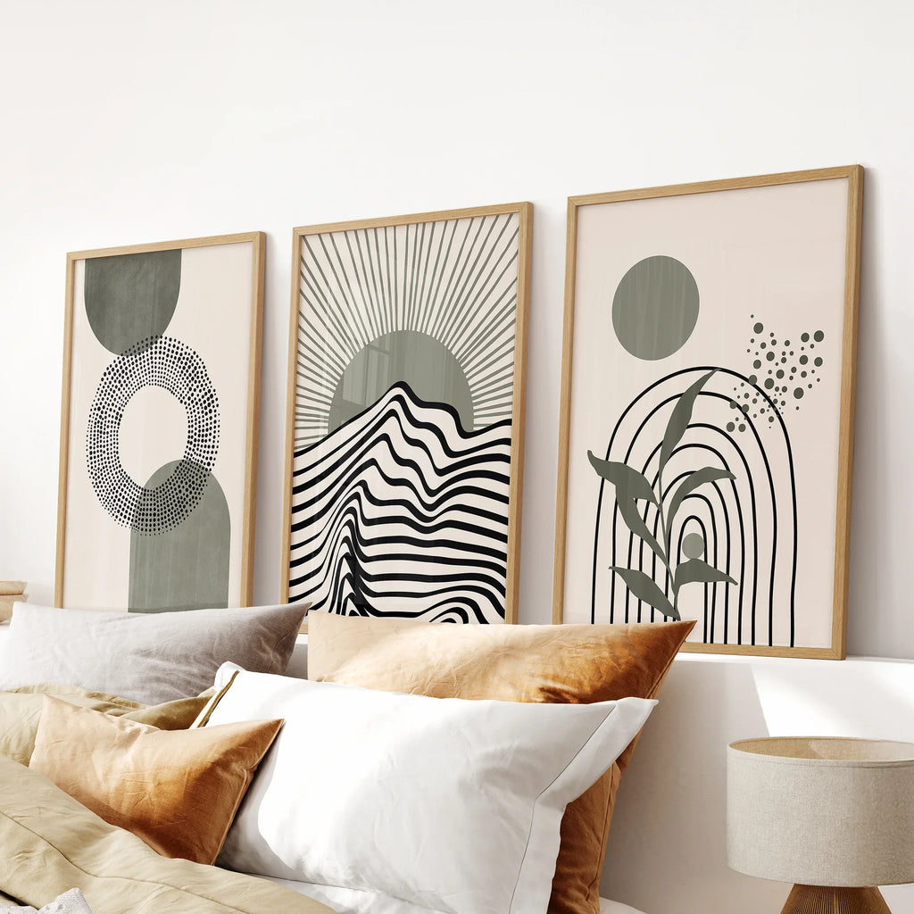Boho Sage Green 3 Piece Wall Art. Mid-Century Art Prints for Living Room