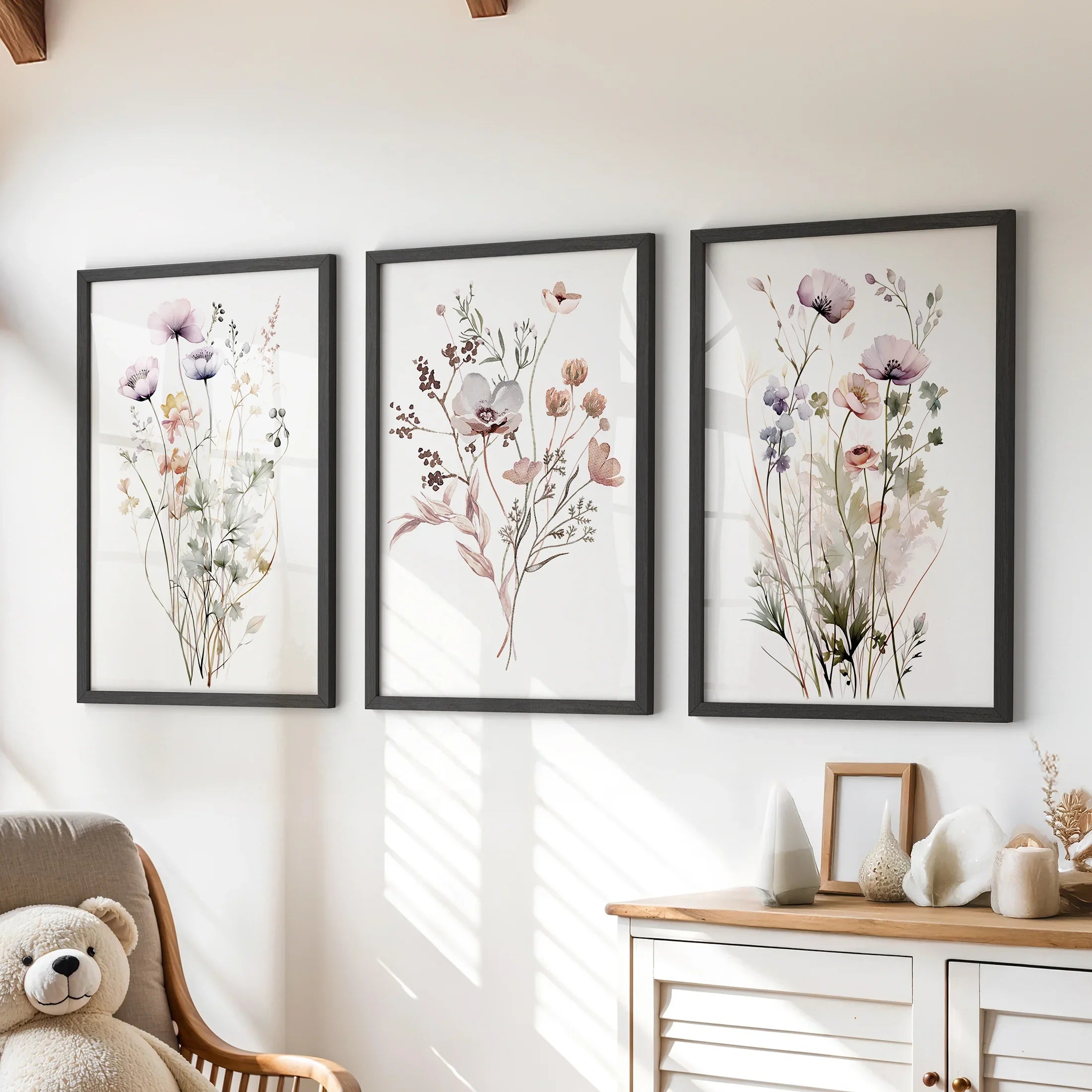 Soft Wildflower Wall Art. Set of 3 Muted Floral Prints