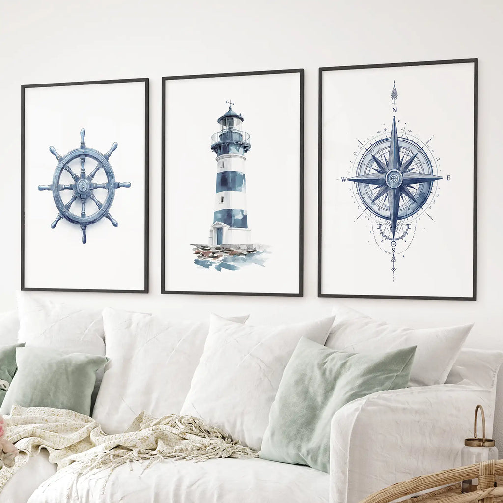 Navy Blue Nautical 3 Piece Art. Lighthouse, Compass Prints