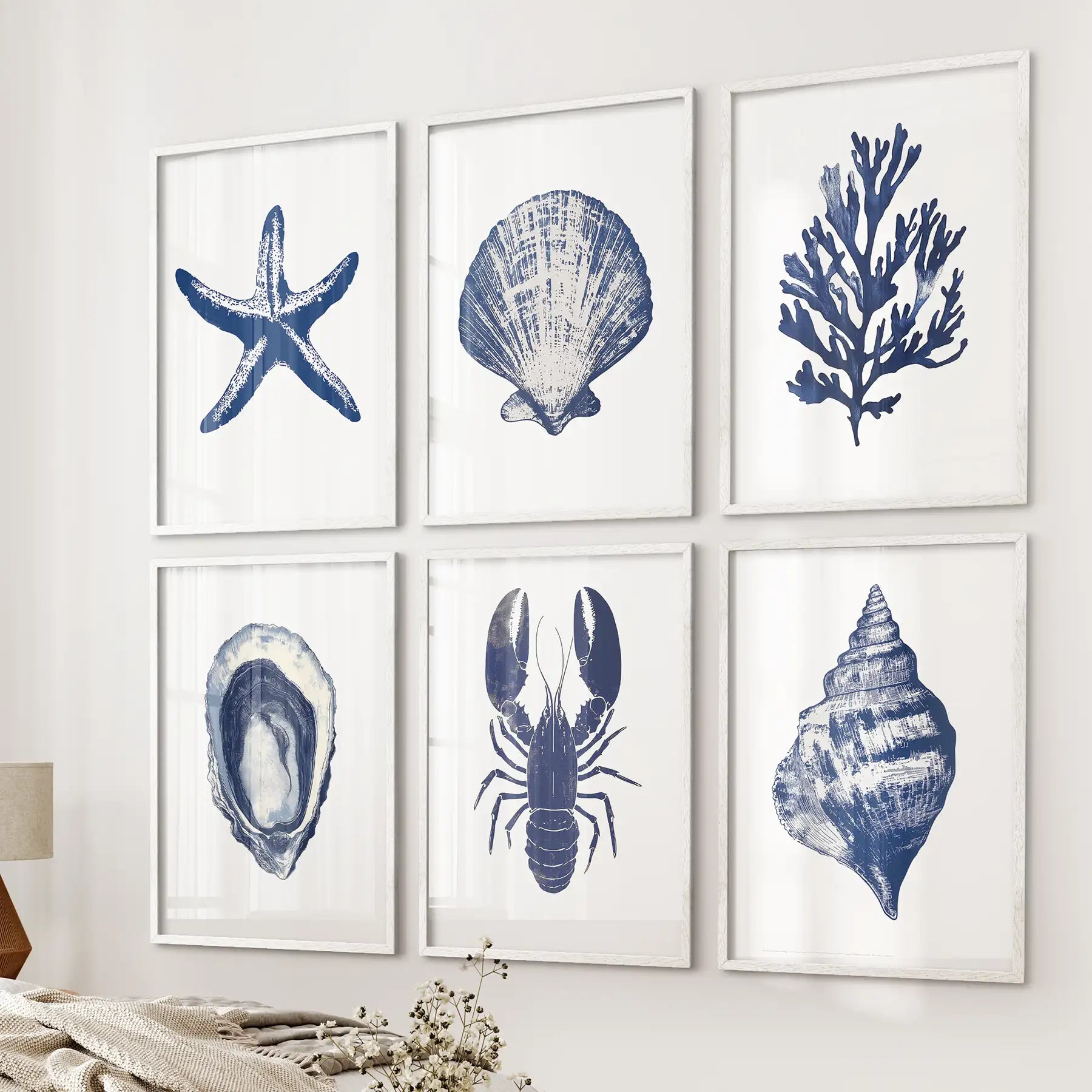 Coastal Set of 6 Art Prints. Shell, Lobster, Starfish, Seaweed