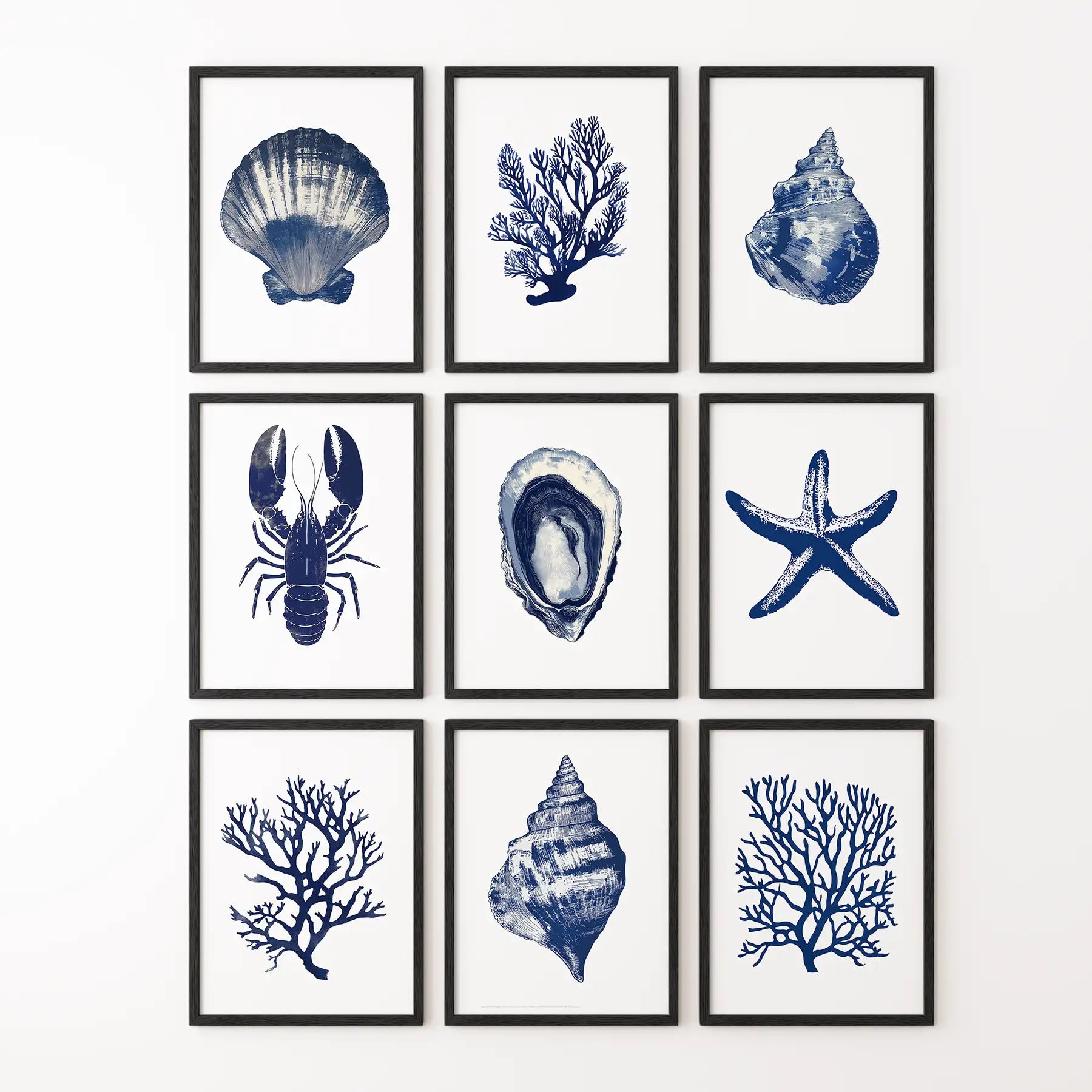 Set of 9 Coastal Prints. Lobster, Starfish, Seaweed, Shell