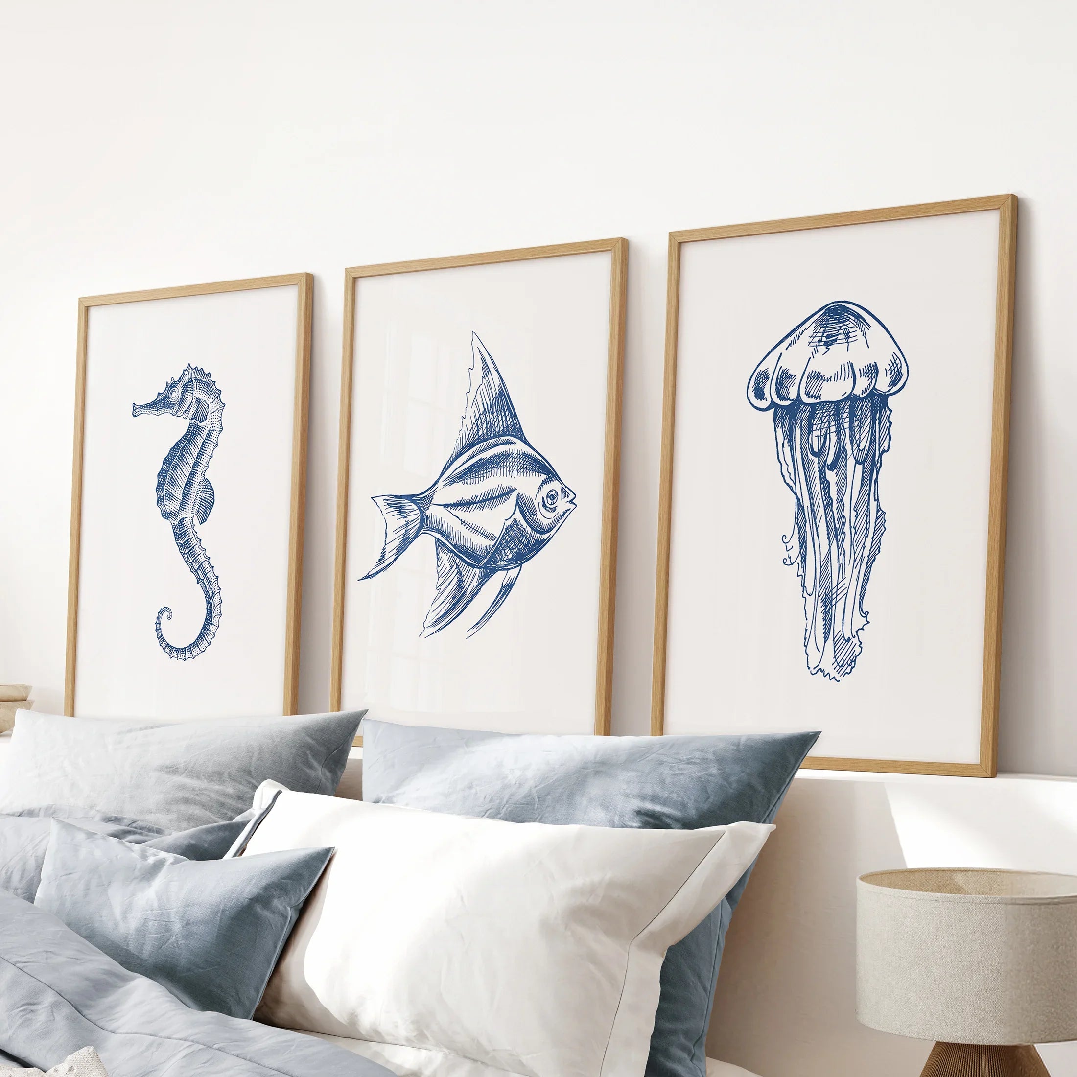 Sea Animal Posters. Seahorse, Fish, Jellyfish Art Print Set