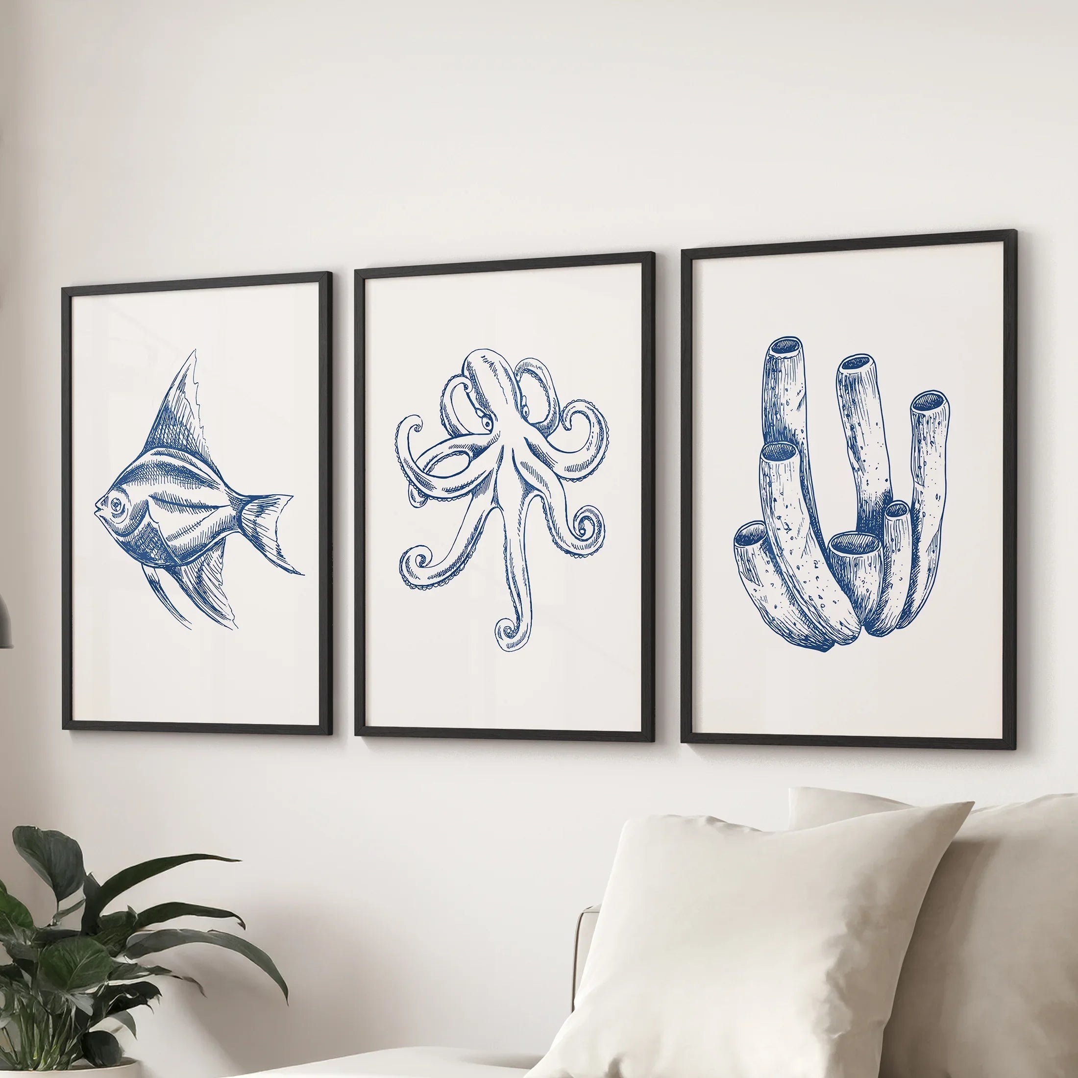 3 Piece Marine Themed Wall Art Set. Octopus, Fish, Coral