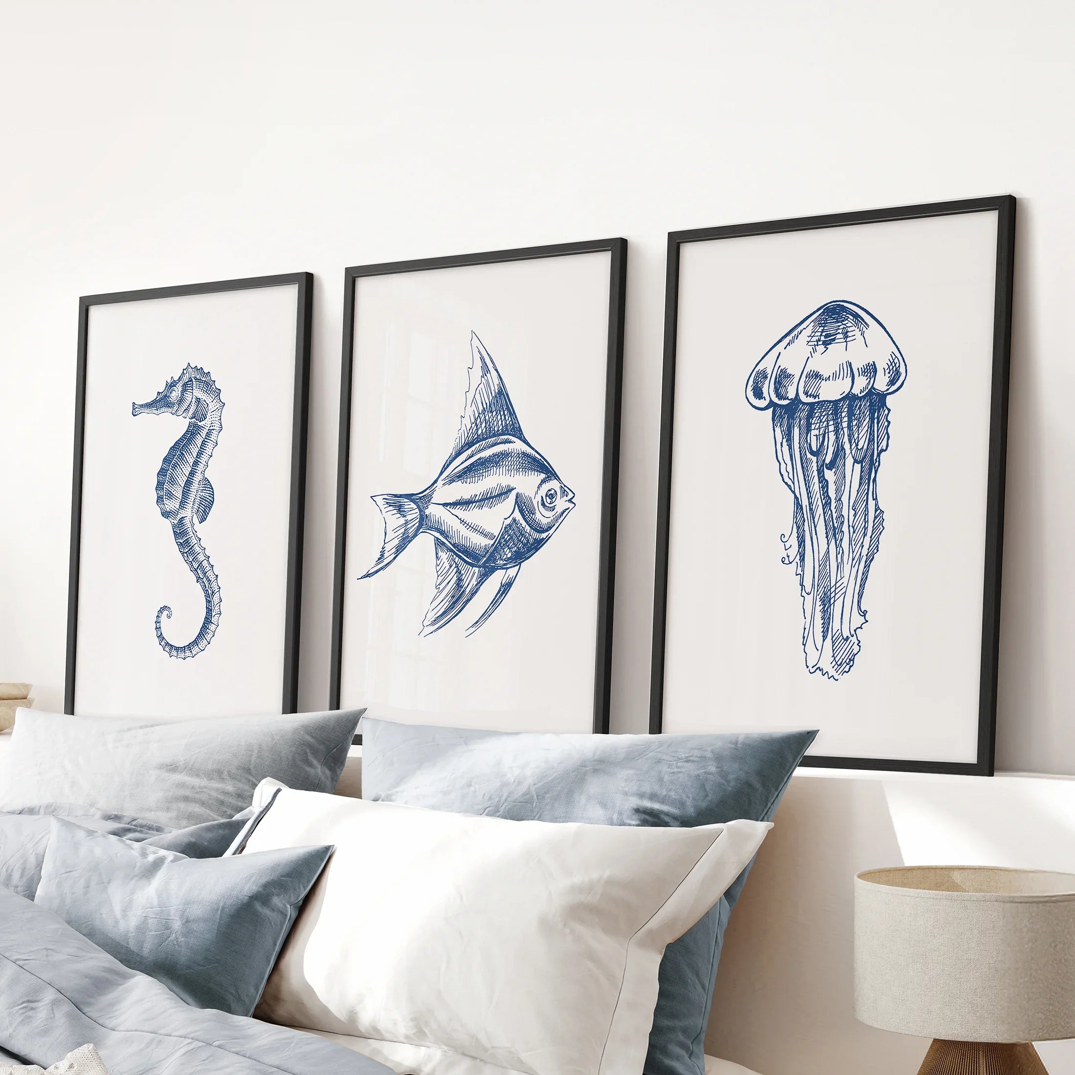 Sea Animal Posters. Seahorse, Fish, Jellyfish Art Print Set