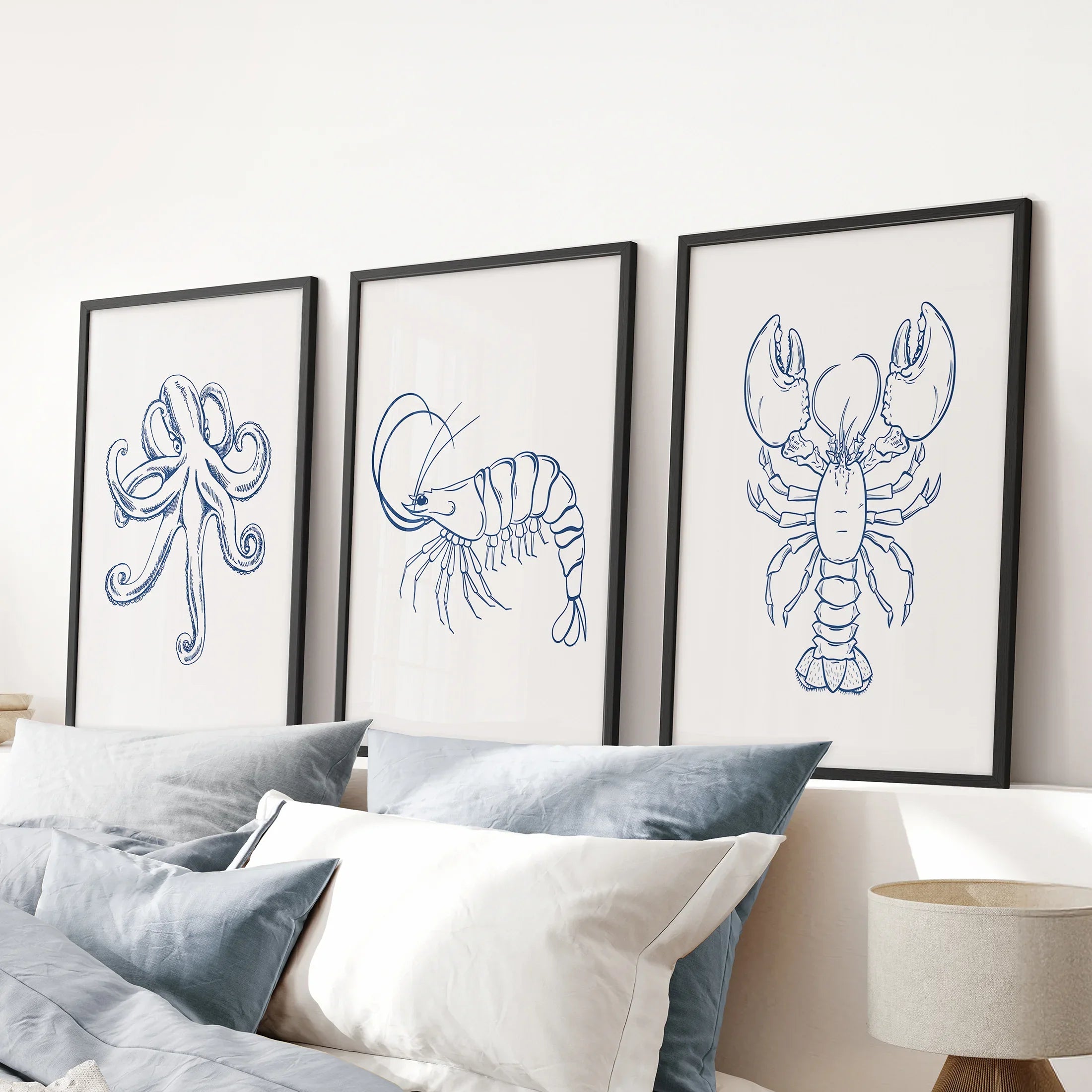 Octopus, Lobster, Crayfish Wall Art. Trendy Set of 3 Prints