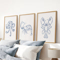 Octopus, Lobster, Crayfish Wall Art. Trendy Set of 3 Prints