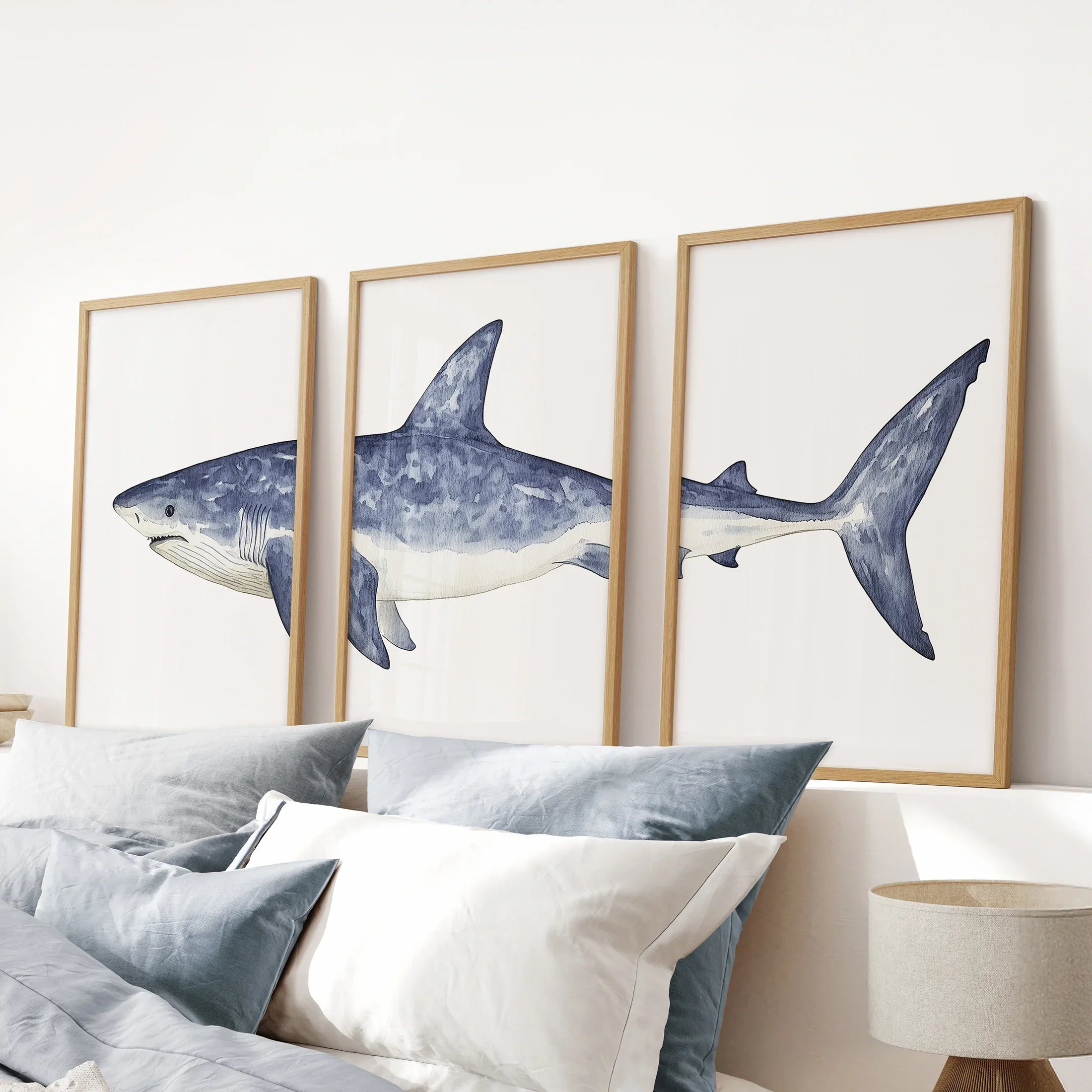 Shark Wall Art. Set of 3 Watercolor Ocean Animal Prints