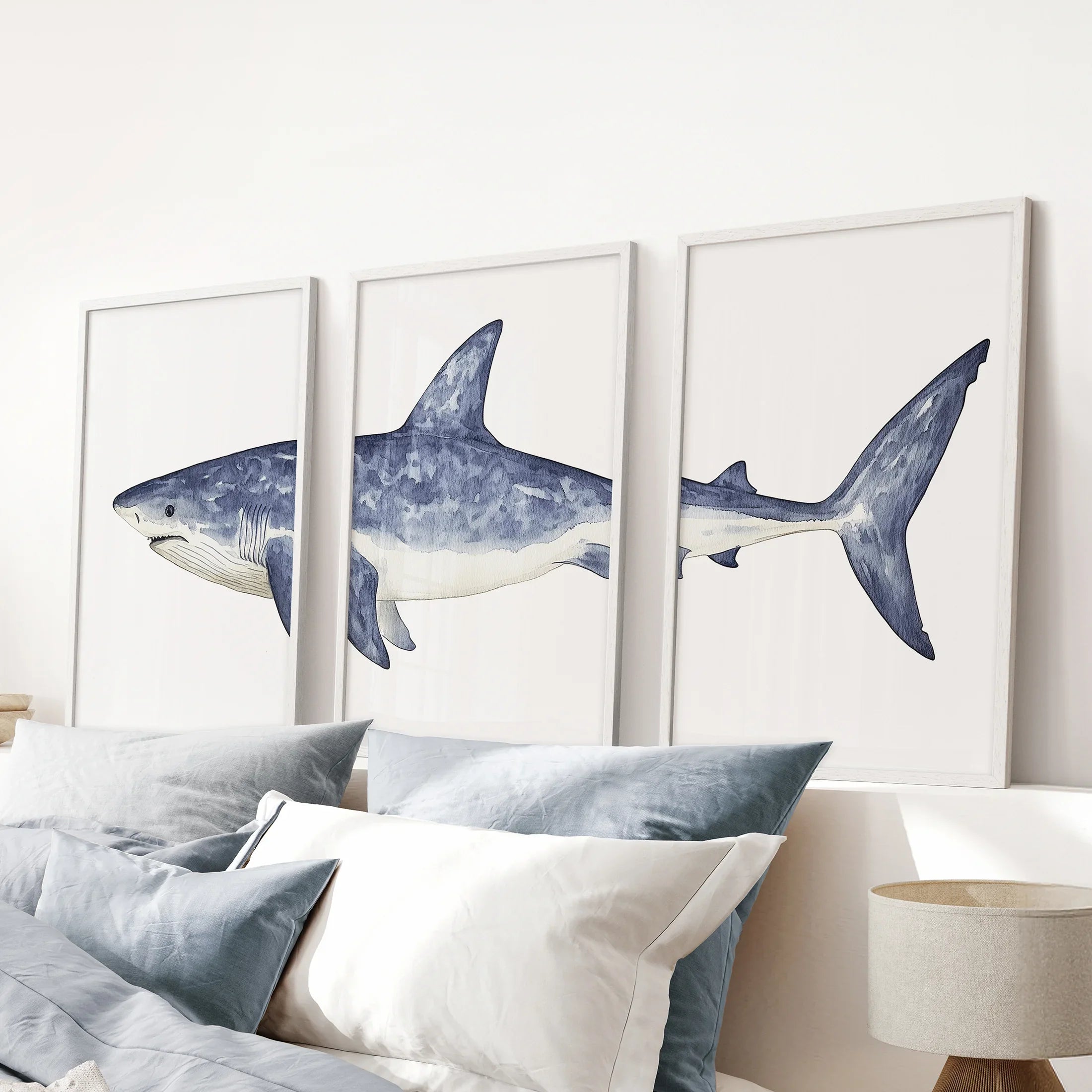 Shark Wall Art. Set of 3 Watercolor Ocean Animal Prints
