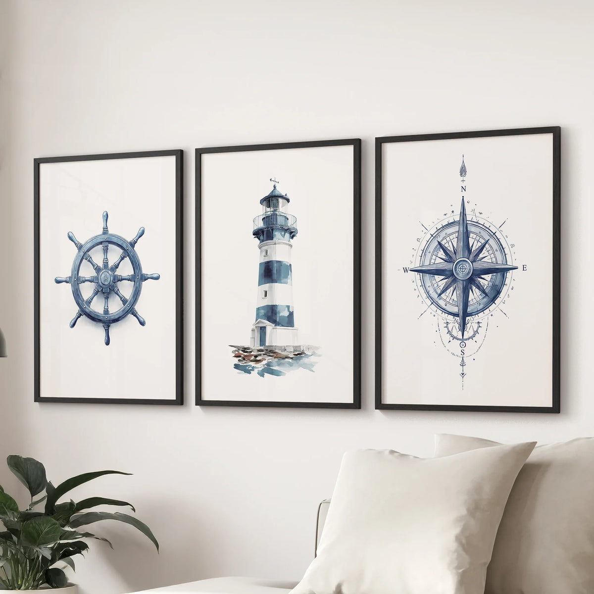 Navy Blue Nautical 3 Piece Art. Lighthouse, Compass Prints – Paper & Pearl