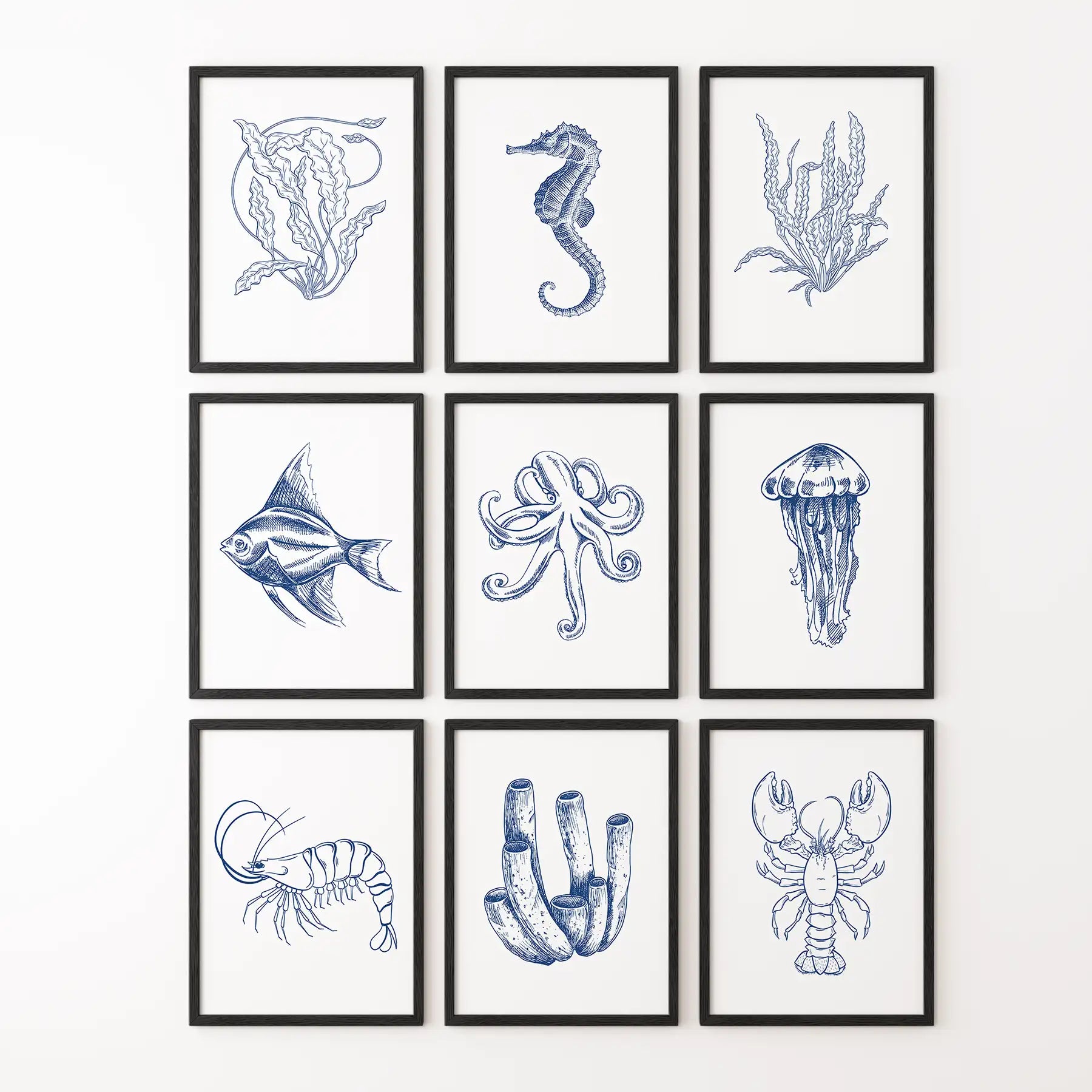 Coastal Nautical Set of 9. Navy Blue Sea Life Prints