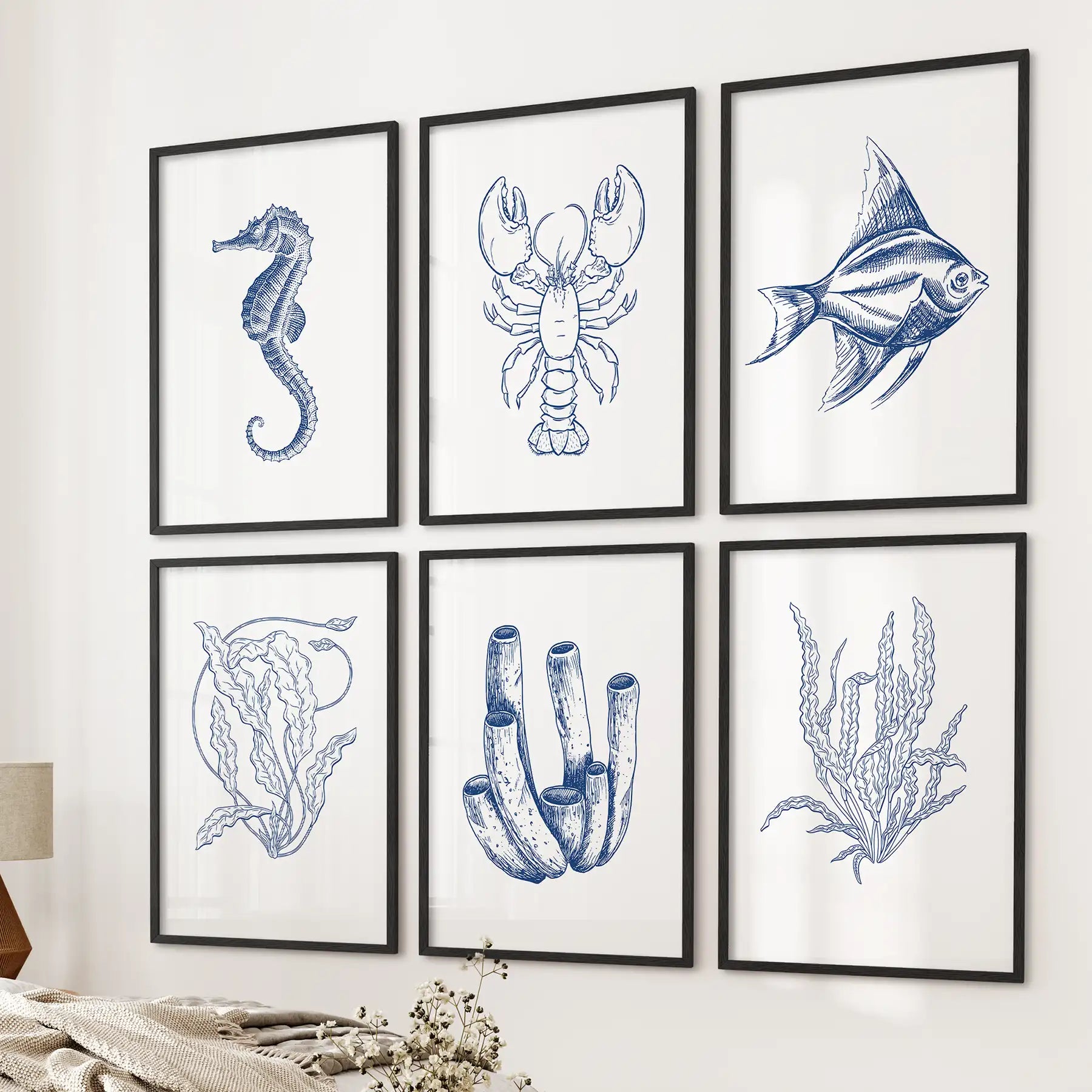 Set of 6 Nautical Prints. Fish, Lobster, Seahorse, Seaweed