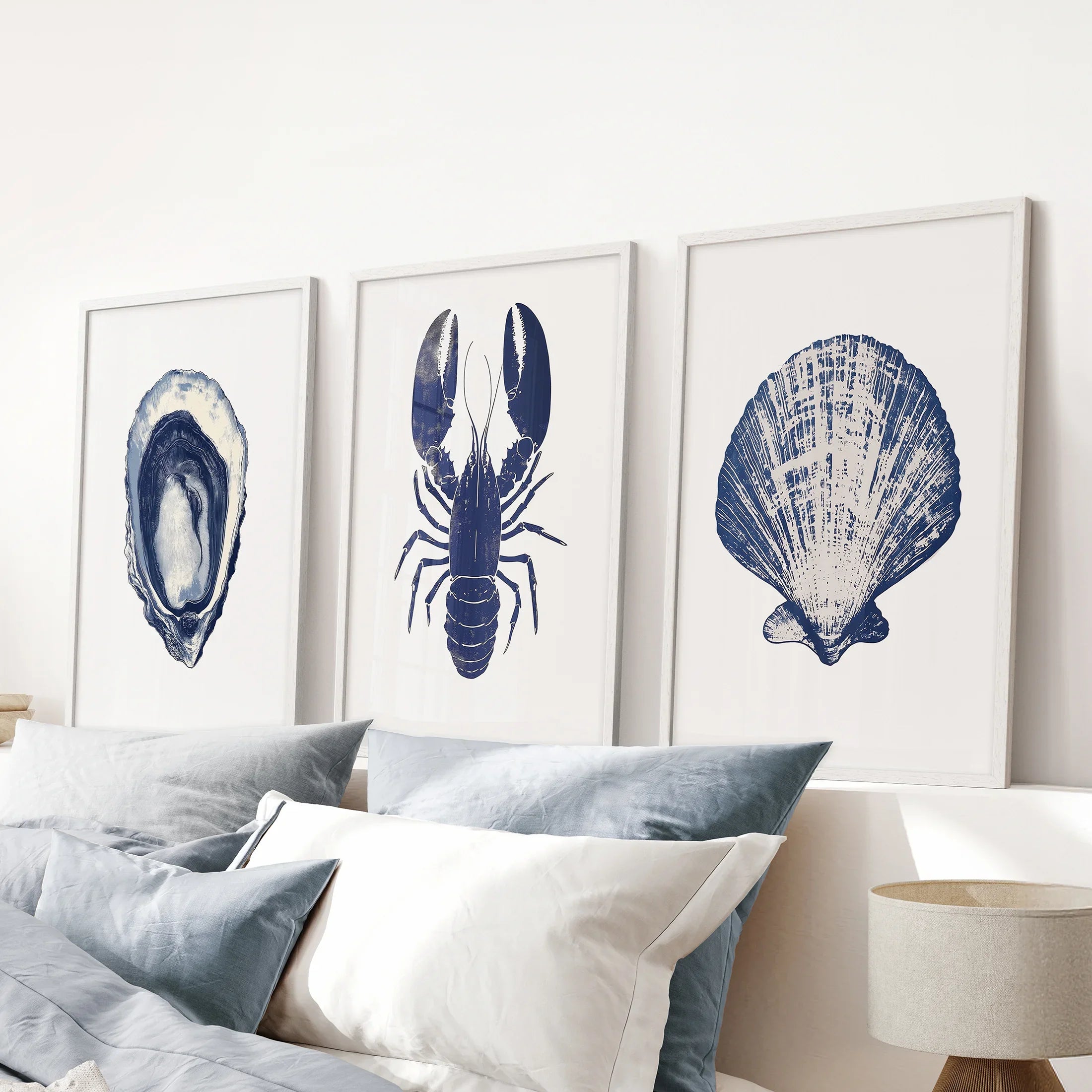 Lobster, Shell Nautical Prints.Coastal Set of 3 Piece