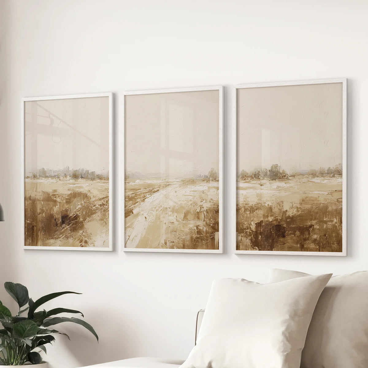 Neutral Abstract Landscape Art. Beige Farmhouse Triptych – Paper & Pearl
