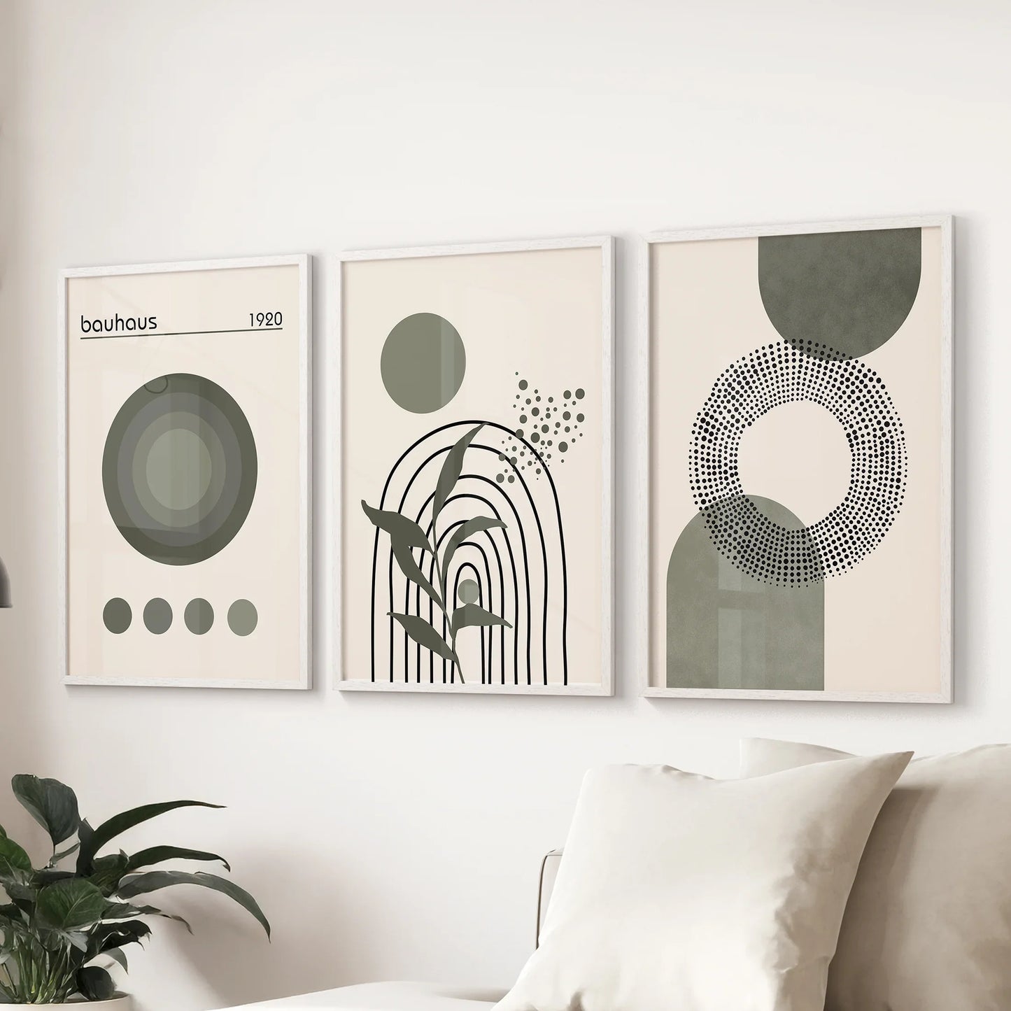 Boho Green Poster Set of 3. Bauhaus and Mid Century Abstract Prints