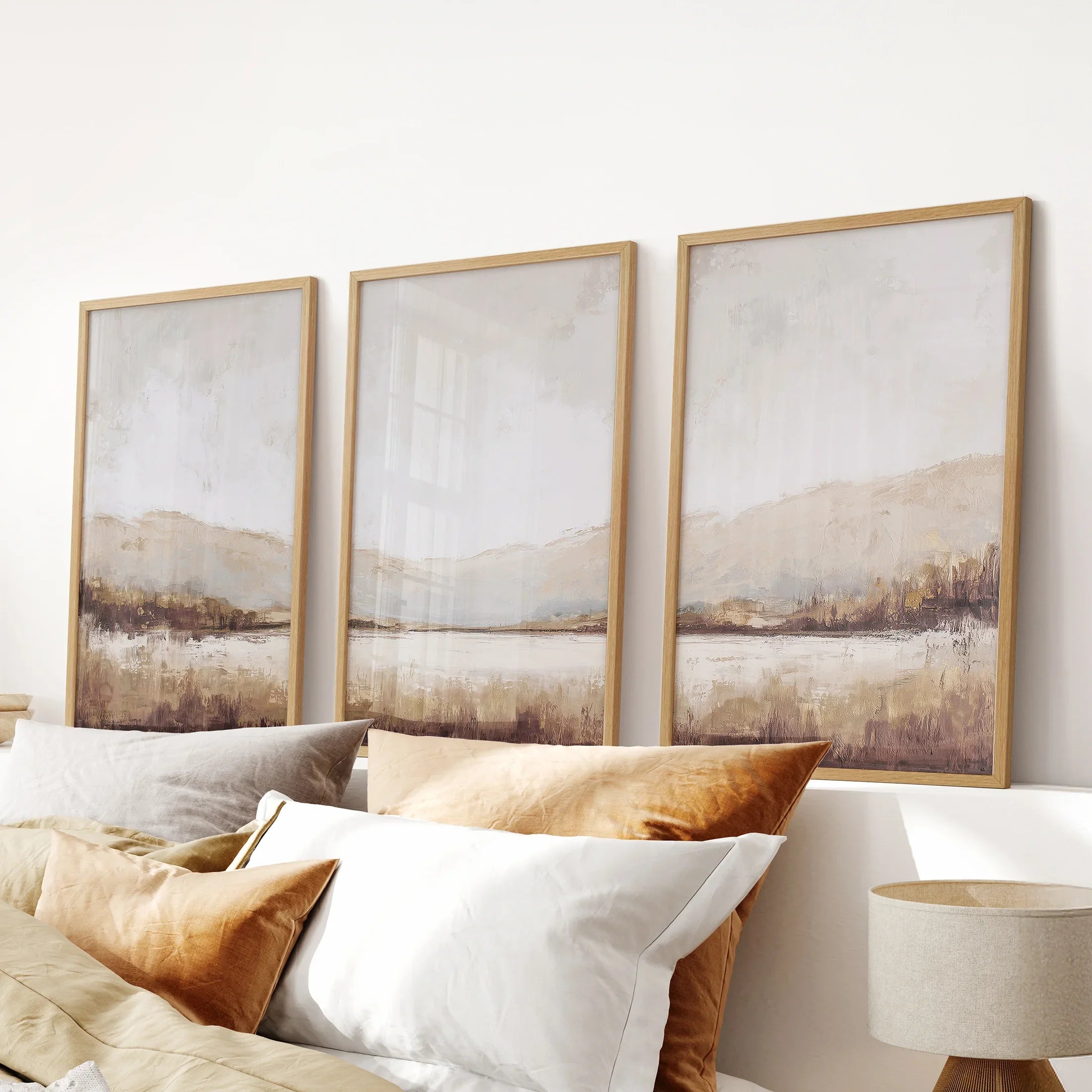 Neutral Beige Brown Landscape Tryptich. Set of 3 Art Prints