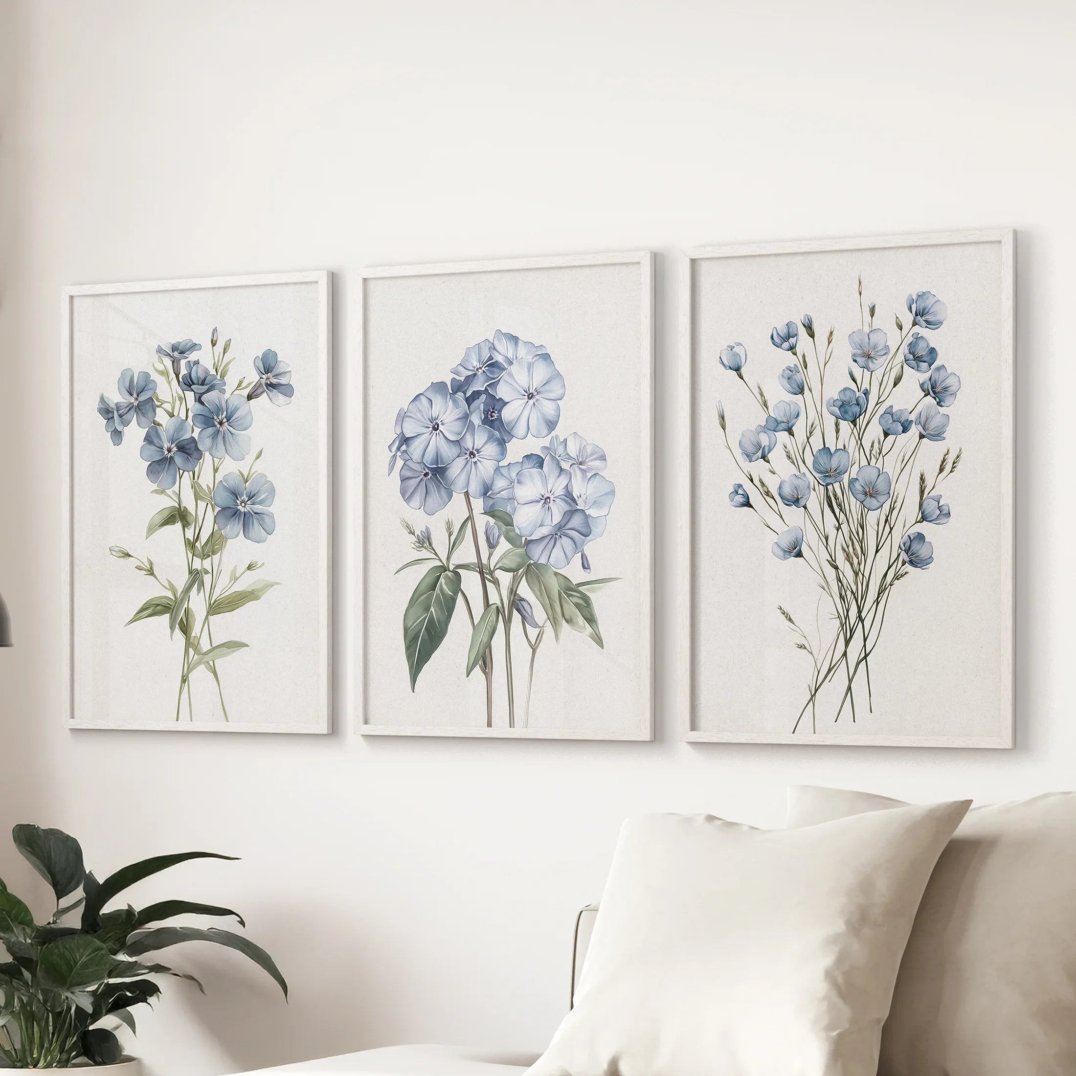 Watercolor Blue Flowers Wall Art. Set of 3 Prints