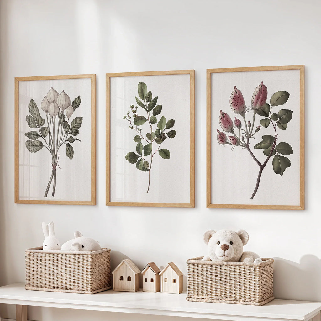 Rustic Botanical Print Set of 3. Vintage Flowers Wall Art