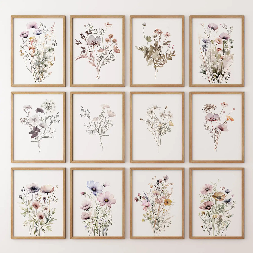 Neutral Wildflower Wall Art Set of 12. Botanical Prints