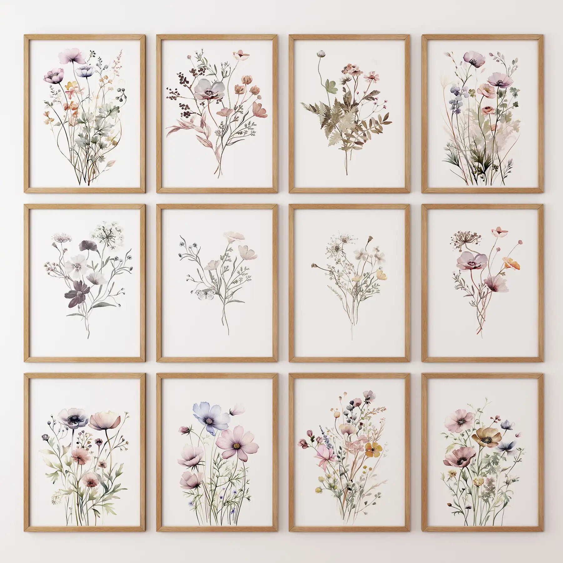Neutral Wildflower Wall Art Set of 12. Botanical Prints
