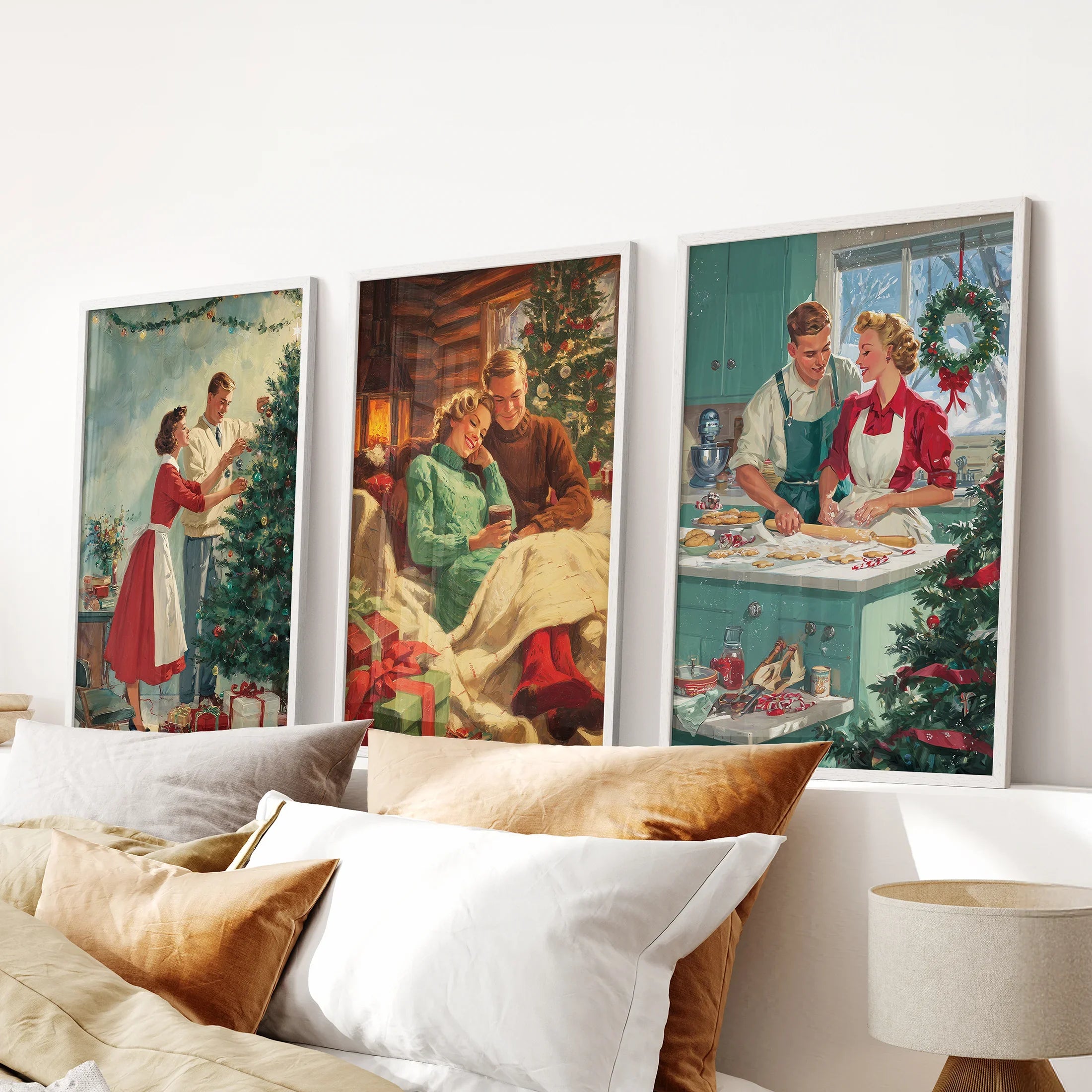 Nostalgic Christmas Decor. Cozy Retro Holiday Set of 3 Art