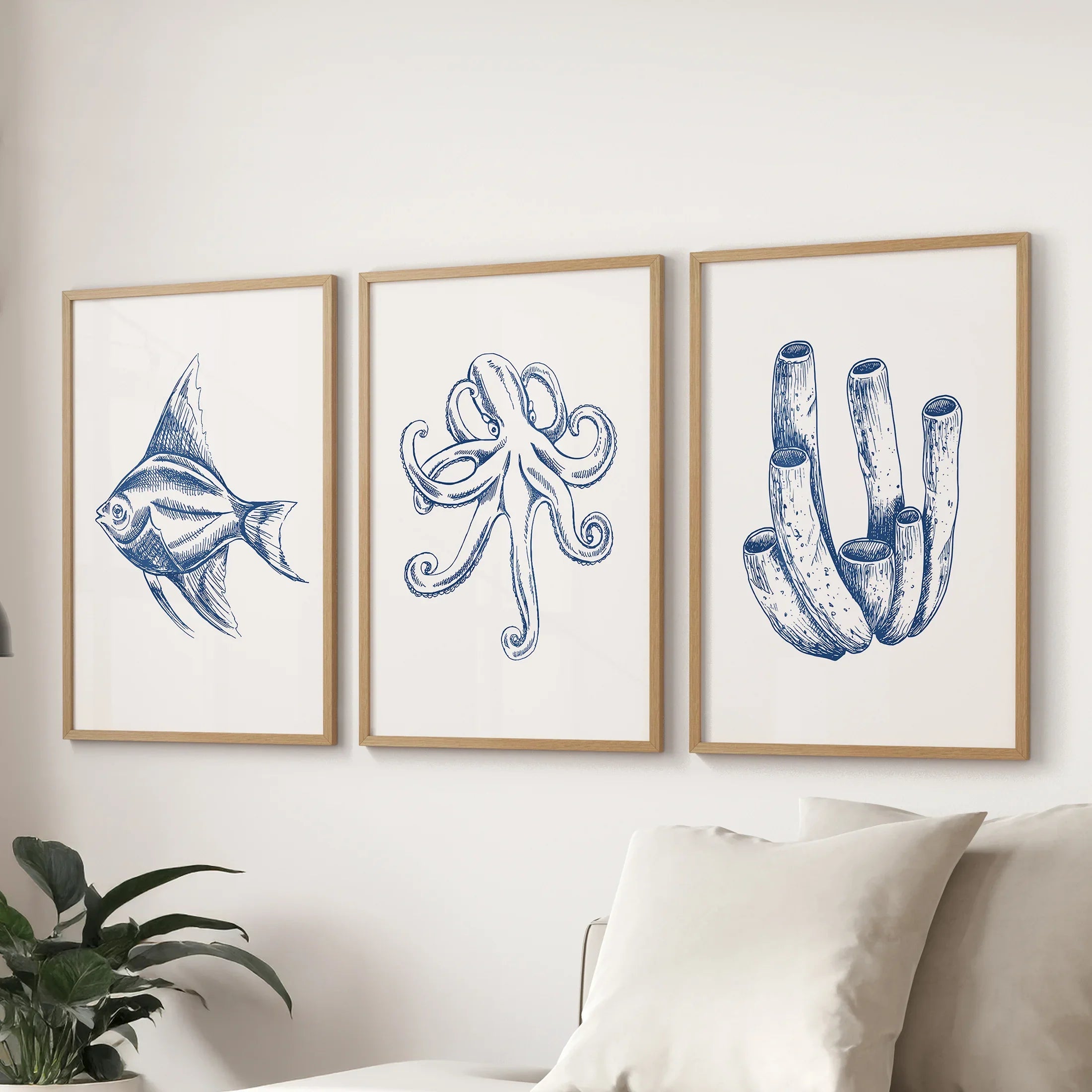 3 Piece Marine Themed Wall Art Set. Octopus, Fish, Coral