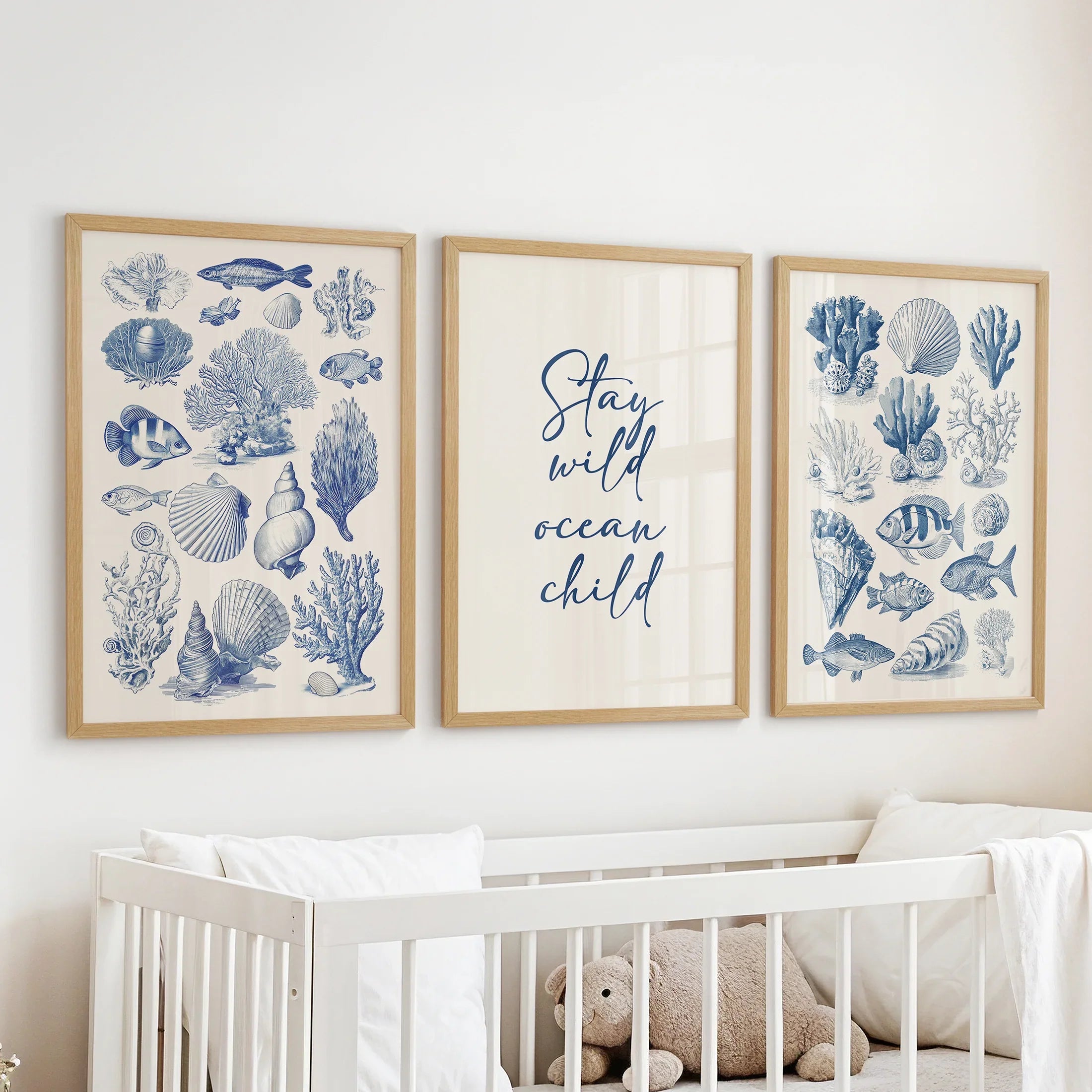 Coastal Sea Life Prints. Blue Sea Shells and Fish Print Set