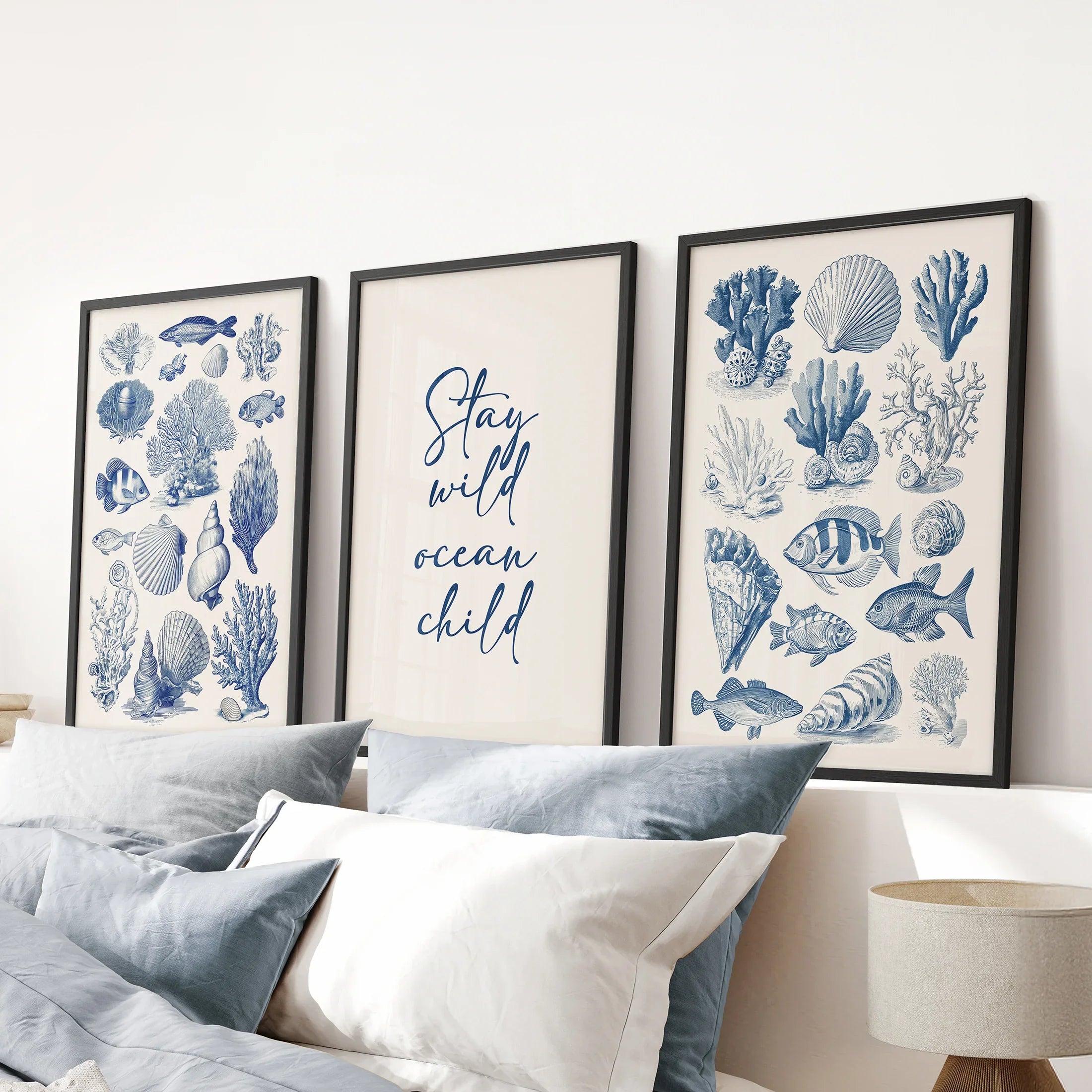 Coastal Sea Life Prints. Blue Sea Shells and Fish Print Set
