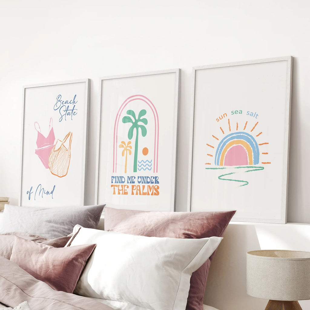 Coastal Summer Vibes Wall Decor. Palm Sunset Poster Set of 3