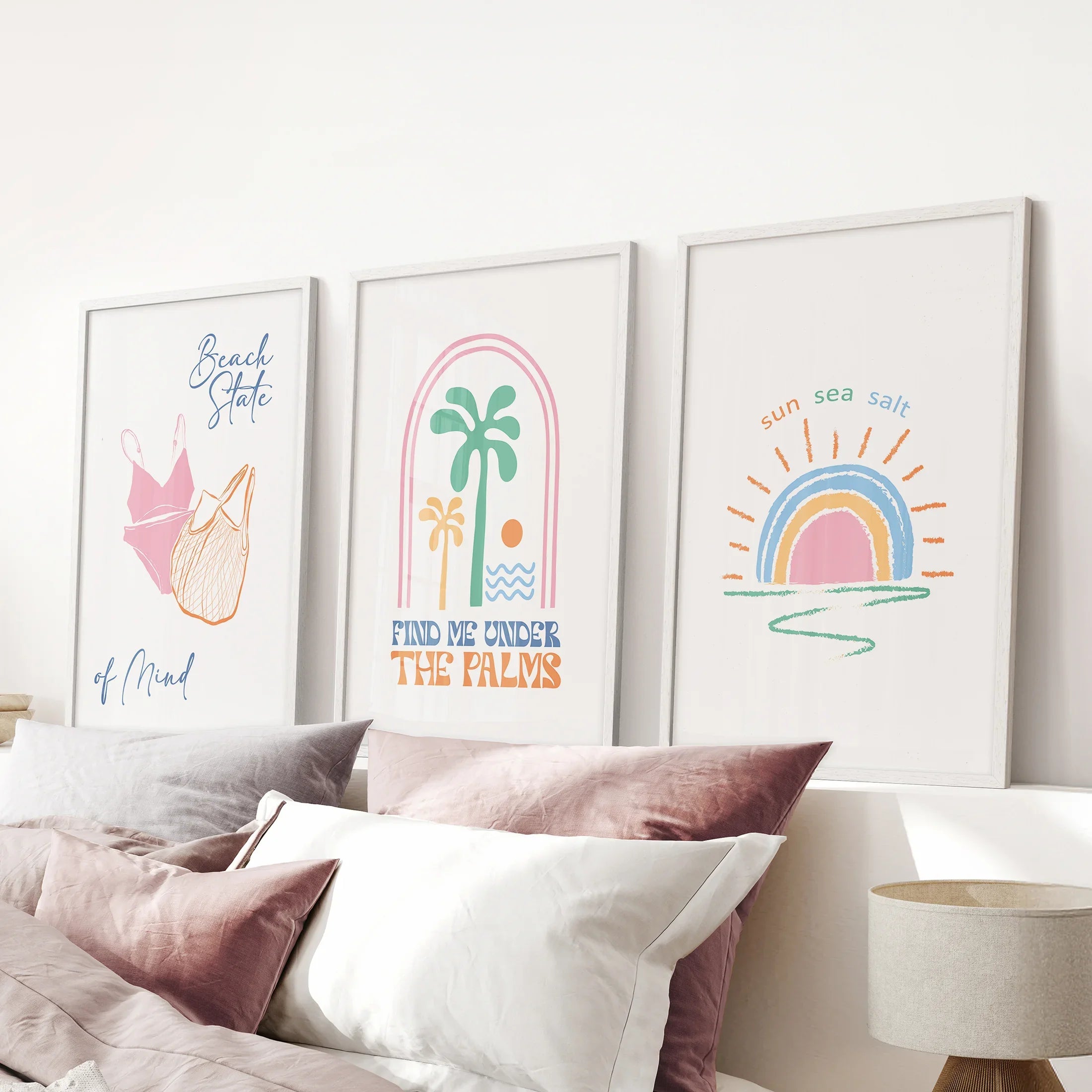 Coastal Summer Vibes Wall Decor. Palm Sunset Poster Set of 3