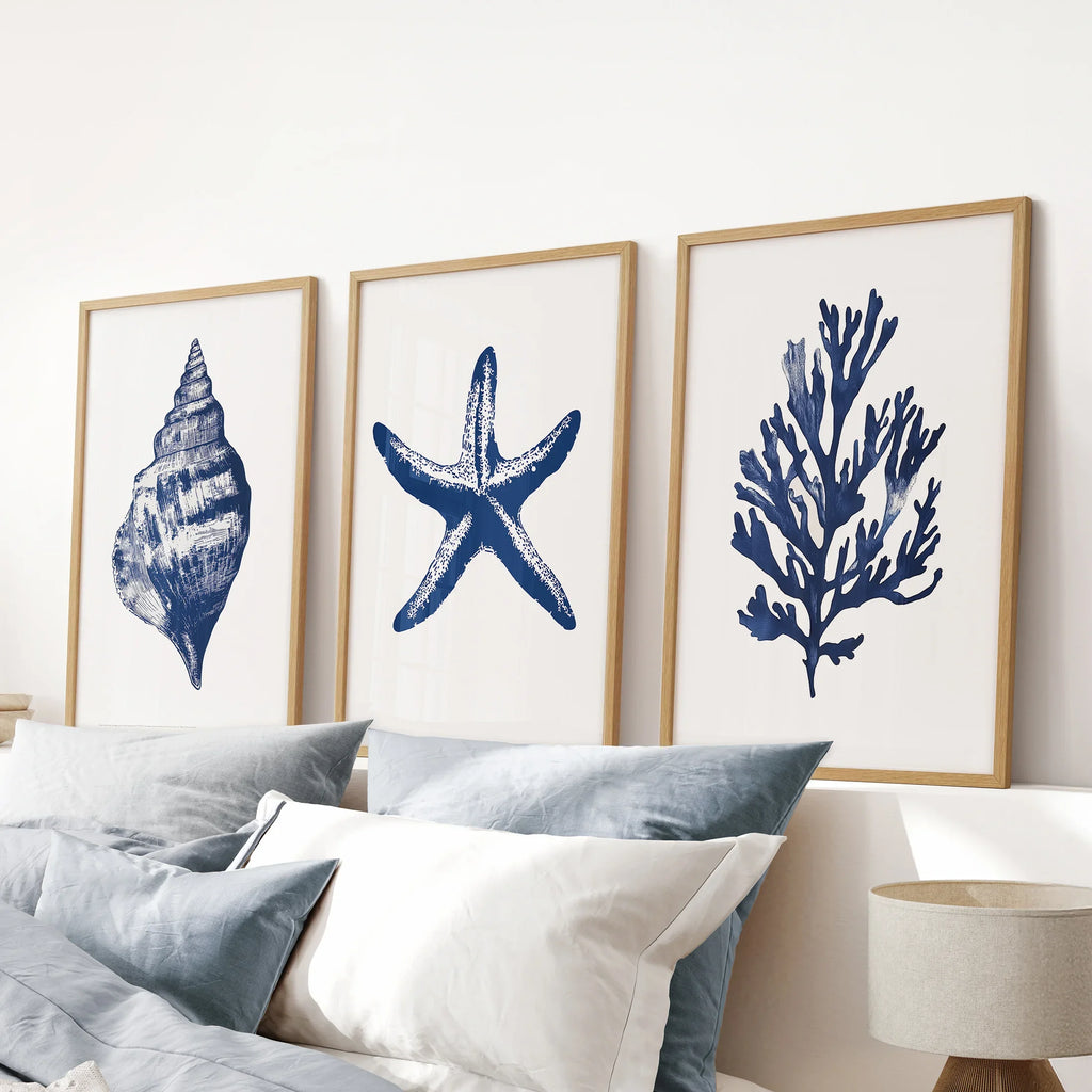 Lobster, Coral, Starfish Print Set. Nautical Set of 3 Wall Art
