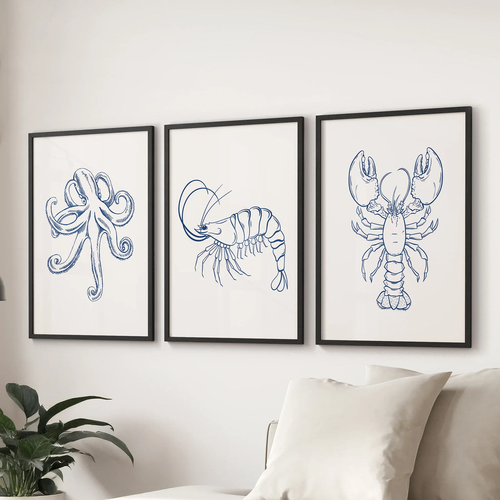 Octopus, Lobster, Crayfish Wall Art. Trendy Set of 3 Prints