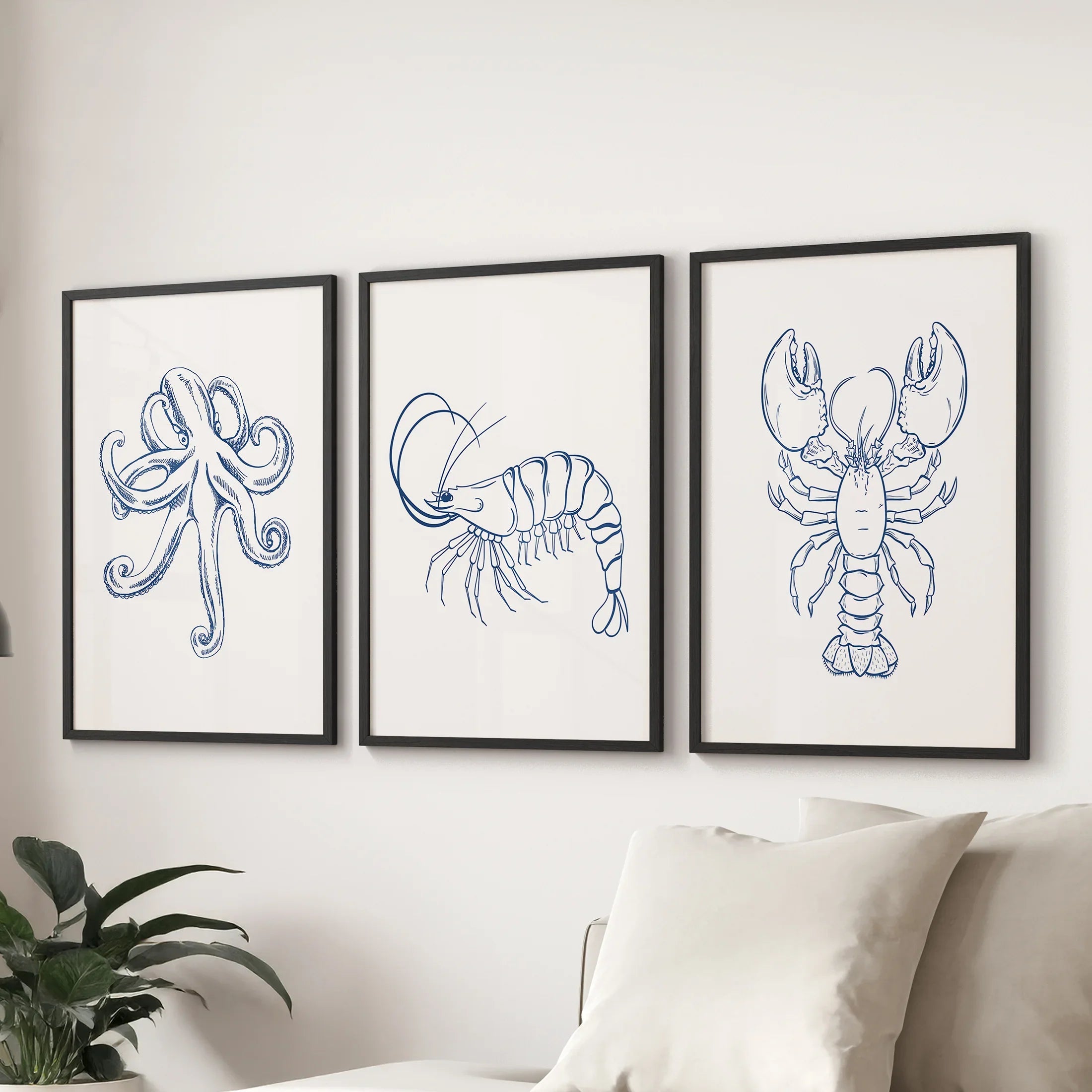 Octopus, Lobster, Crayfish Wall Art. Trendy Set of 3 Prints