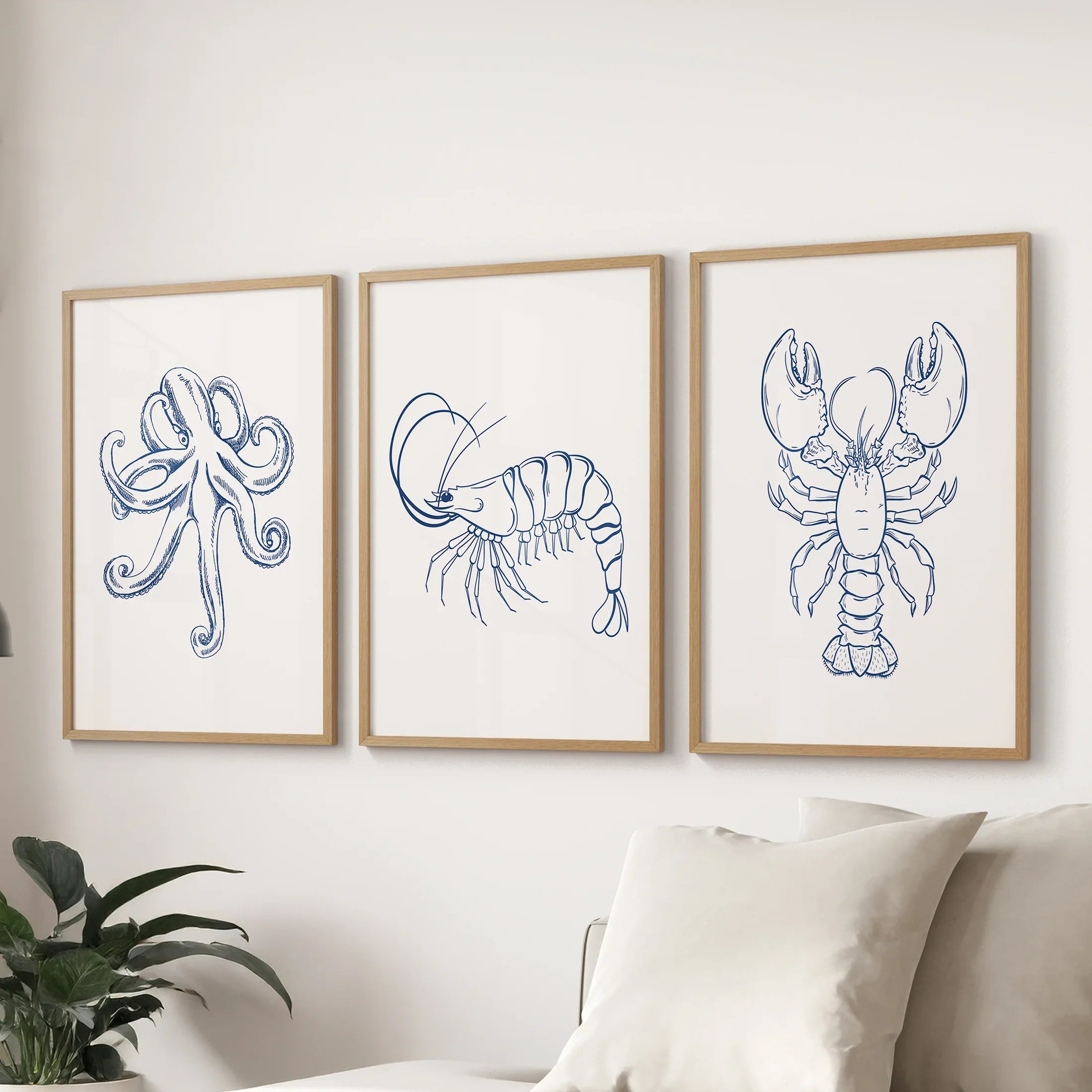 Octopus, Lobster, Crayfish Wall Art. Trendy Set of 3 Prints
