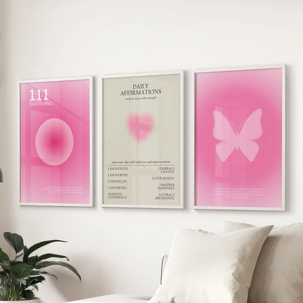 Pink Aura 3 Piece Art Prints Set. Motivational Decor for Girls’ Bedroom or Dorm