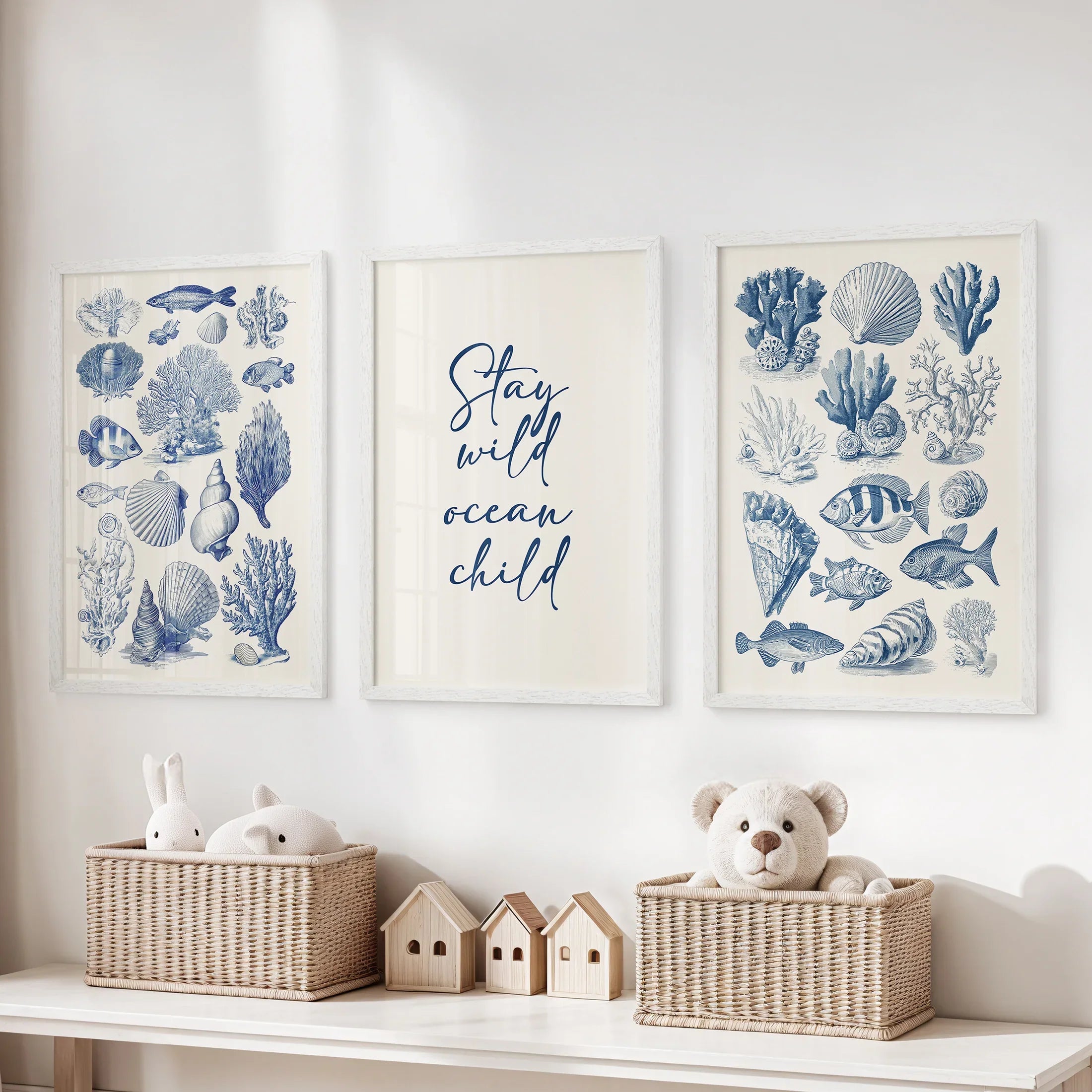 Coastal Sea Life Prints. Blue Sea Shells and Fish Print Set