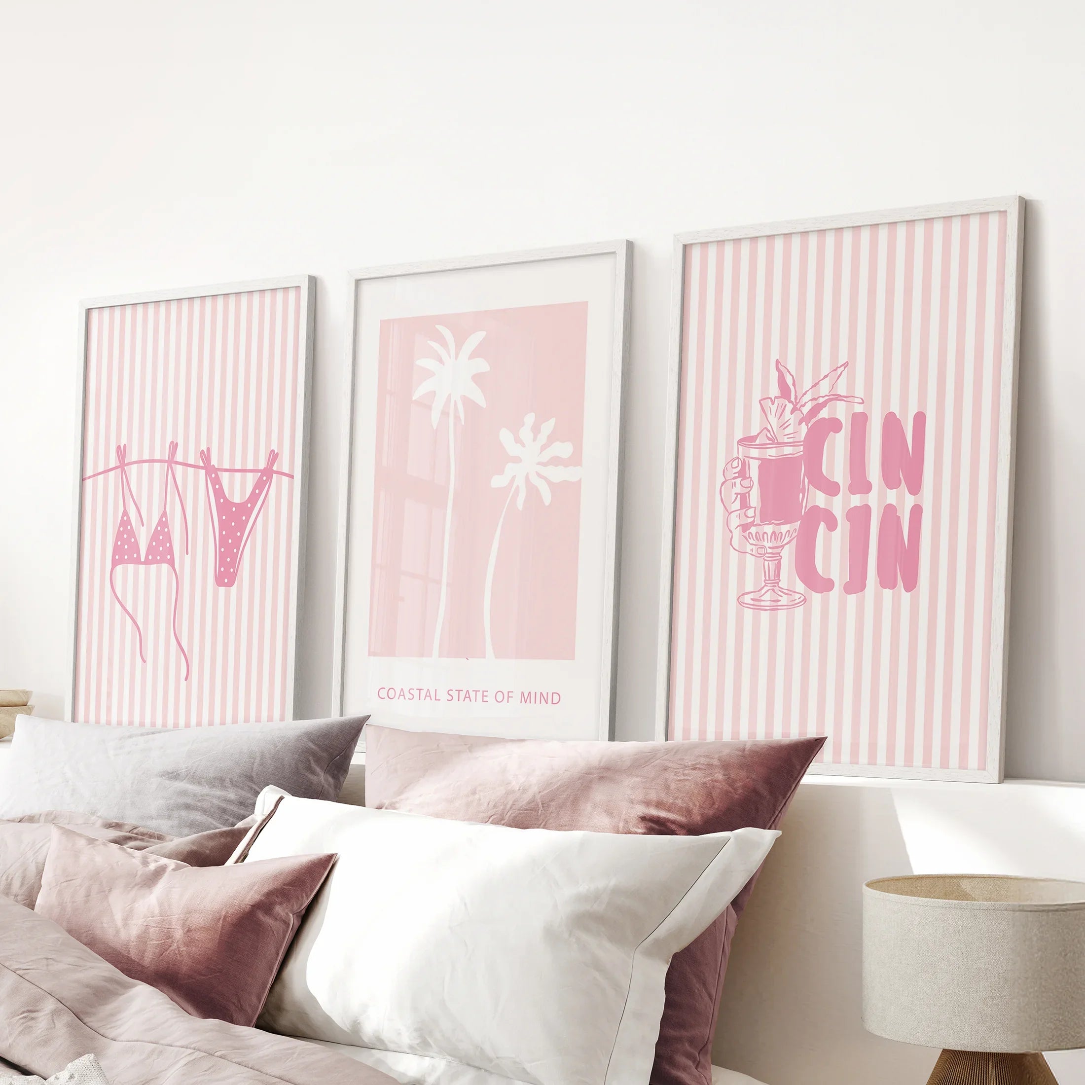 Preppy Coastal Girl Room Décor. Set of 3 Pink Summer Prints