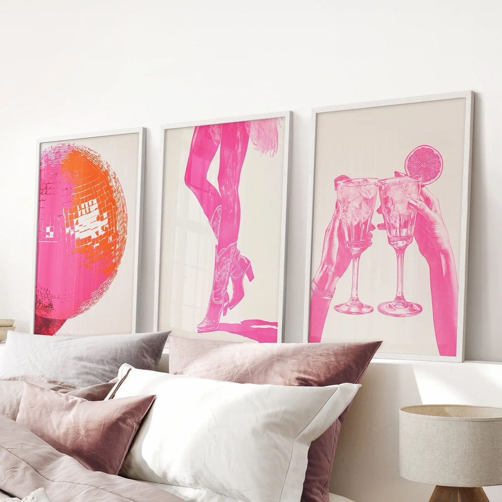 Funky Preppy Pink Wall Art. Set of 3 Girl Power Posters for Apartment or Dorm