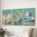 Retro Coastal Surfing Wall Art Set of 3. Surreal Blue Wave