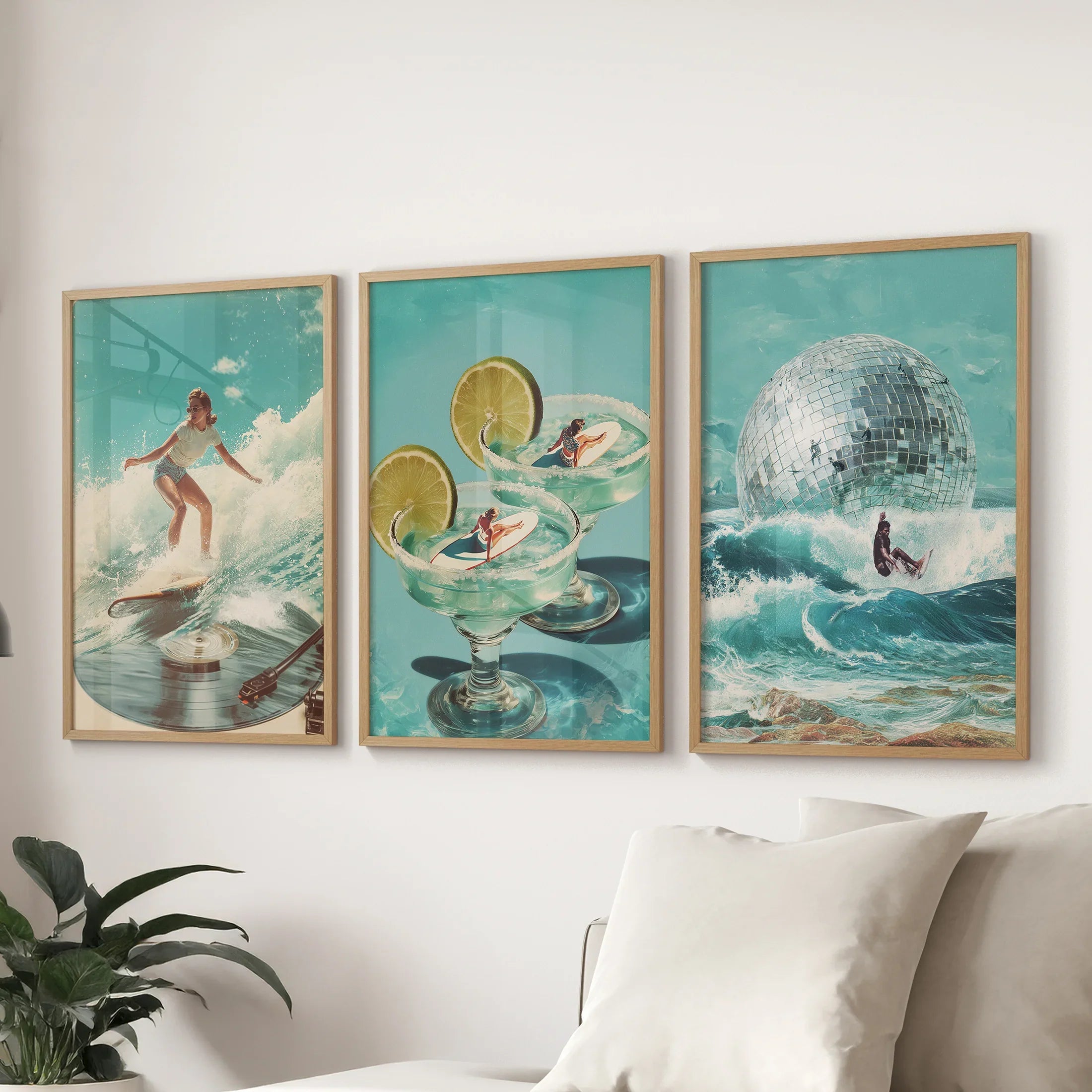 Retro Coastal Surfing Wall Art Set of 3. Surreal Blue Wave