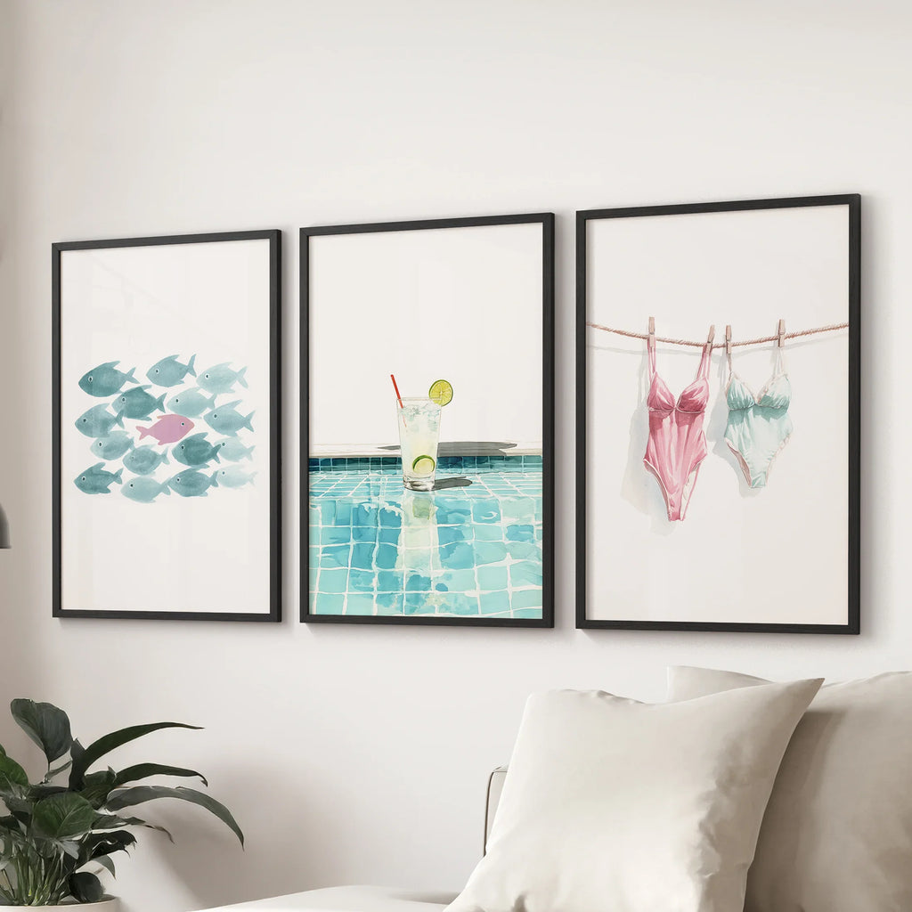 Summer Wall Art Set of 3. Poolside Party Watercolor Prints