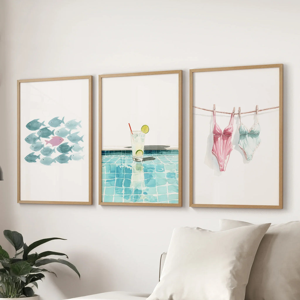 Summer Wall Art Set of 3. Poolside Party Watercolor Prints