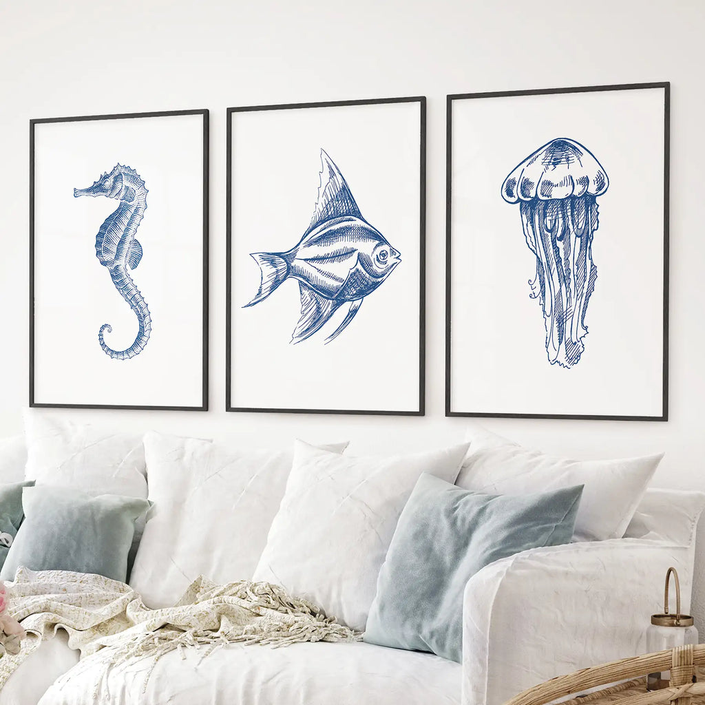 Sea Animal Posters. Seahorse, Fish, Jellyfish Art Print Set
