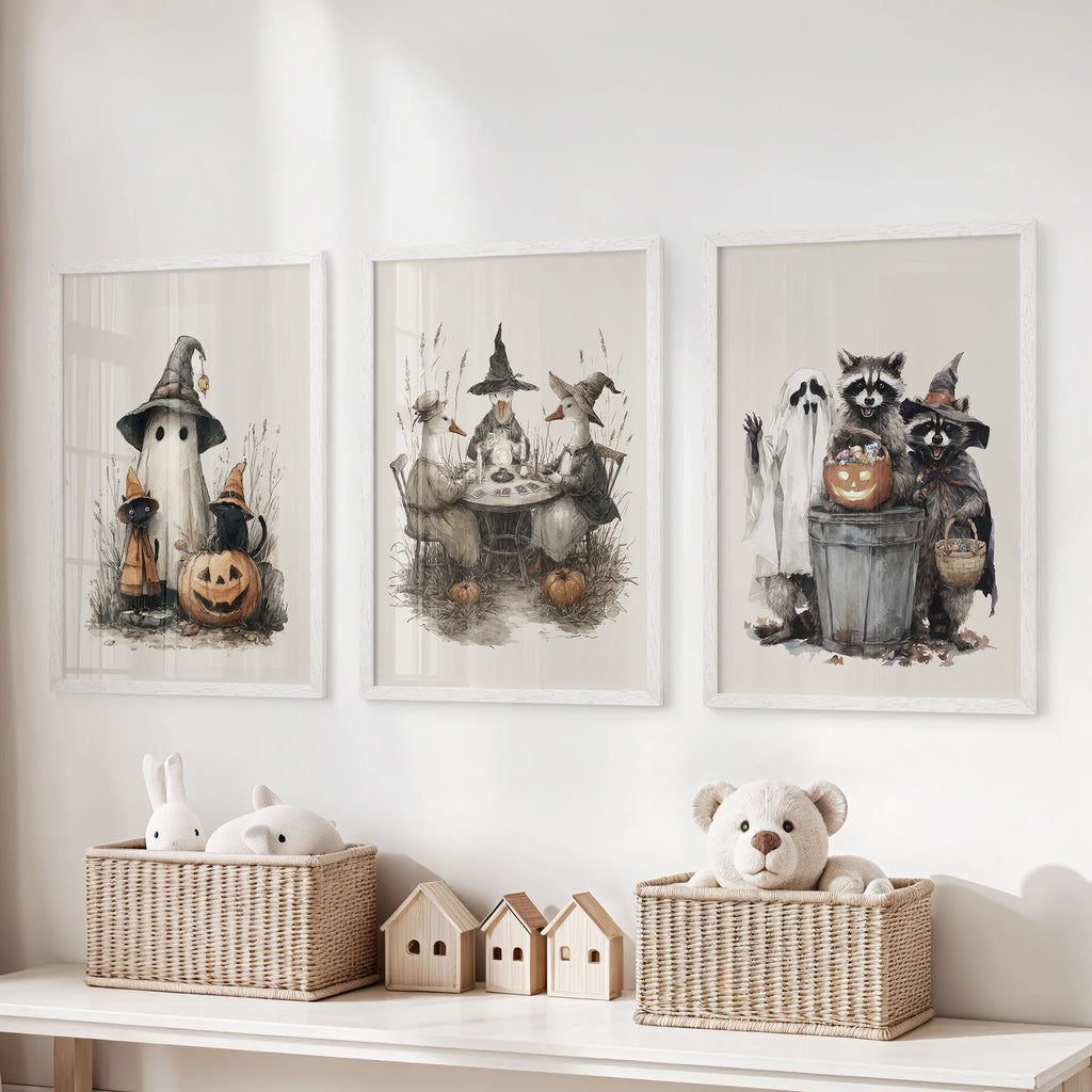 Halloween Set of 3 Wall Art. Ghost, Witch, Animals, Pumpkins