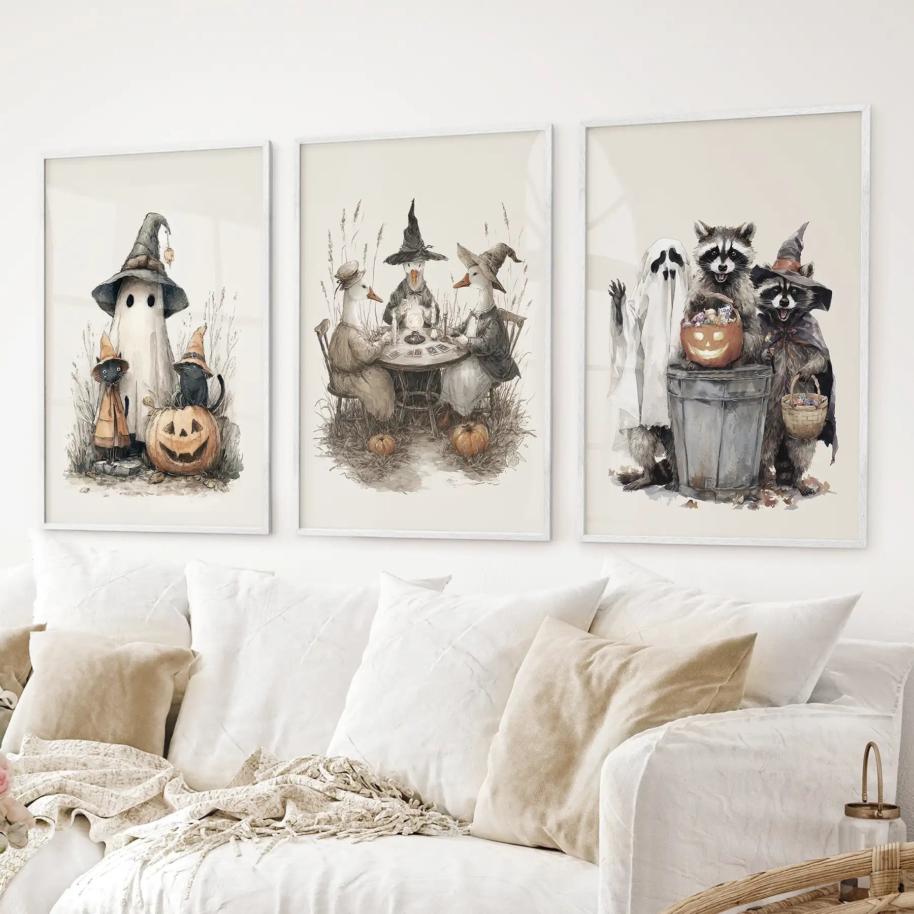 Halloween Set of 3 Wall Art. Ghost, Witch, Animals, Pumpkins