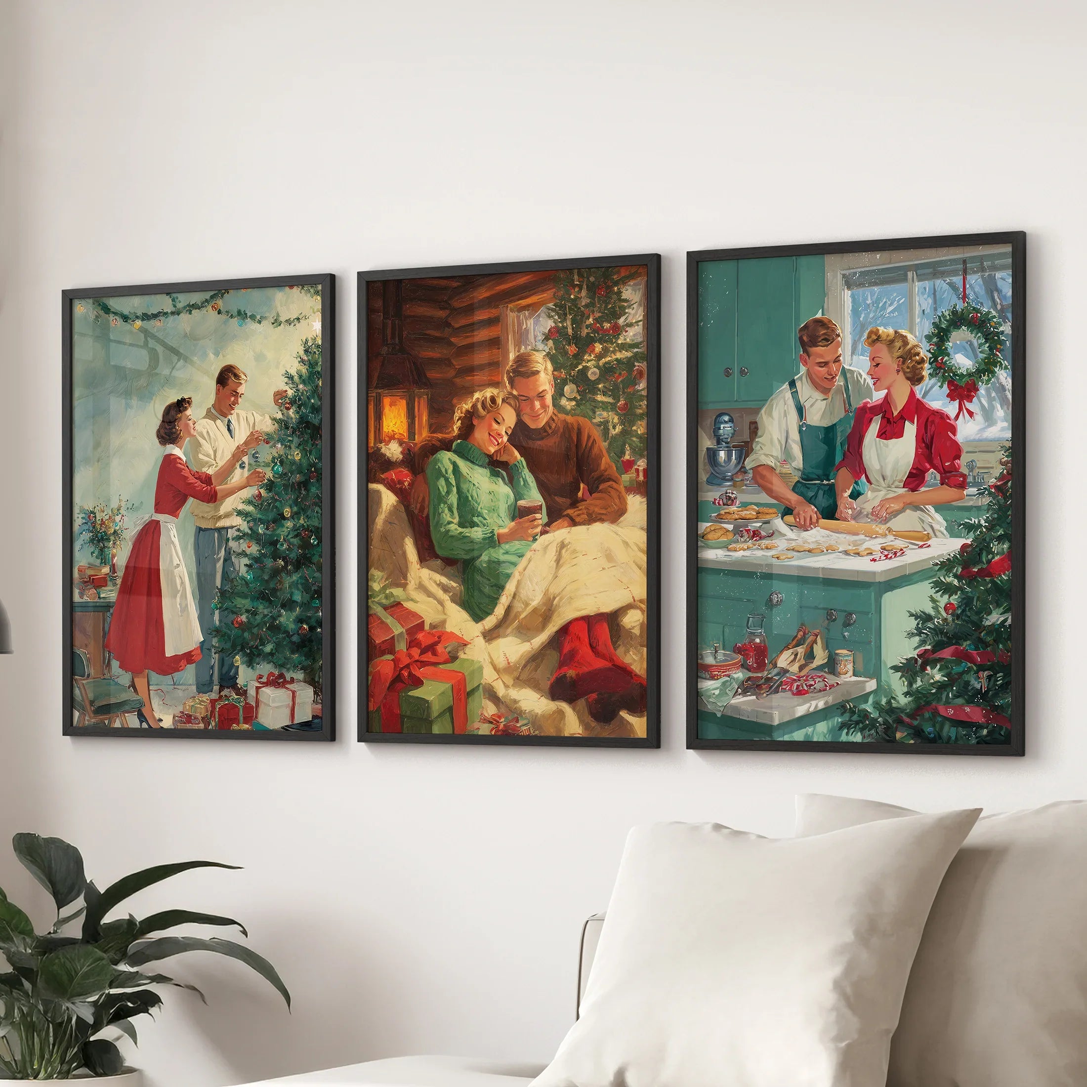 Nostalgic Christmas Decor. Cozy Retro Holiday Set of 3 Art